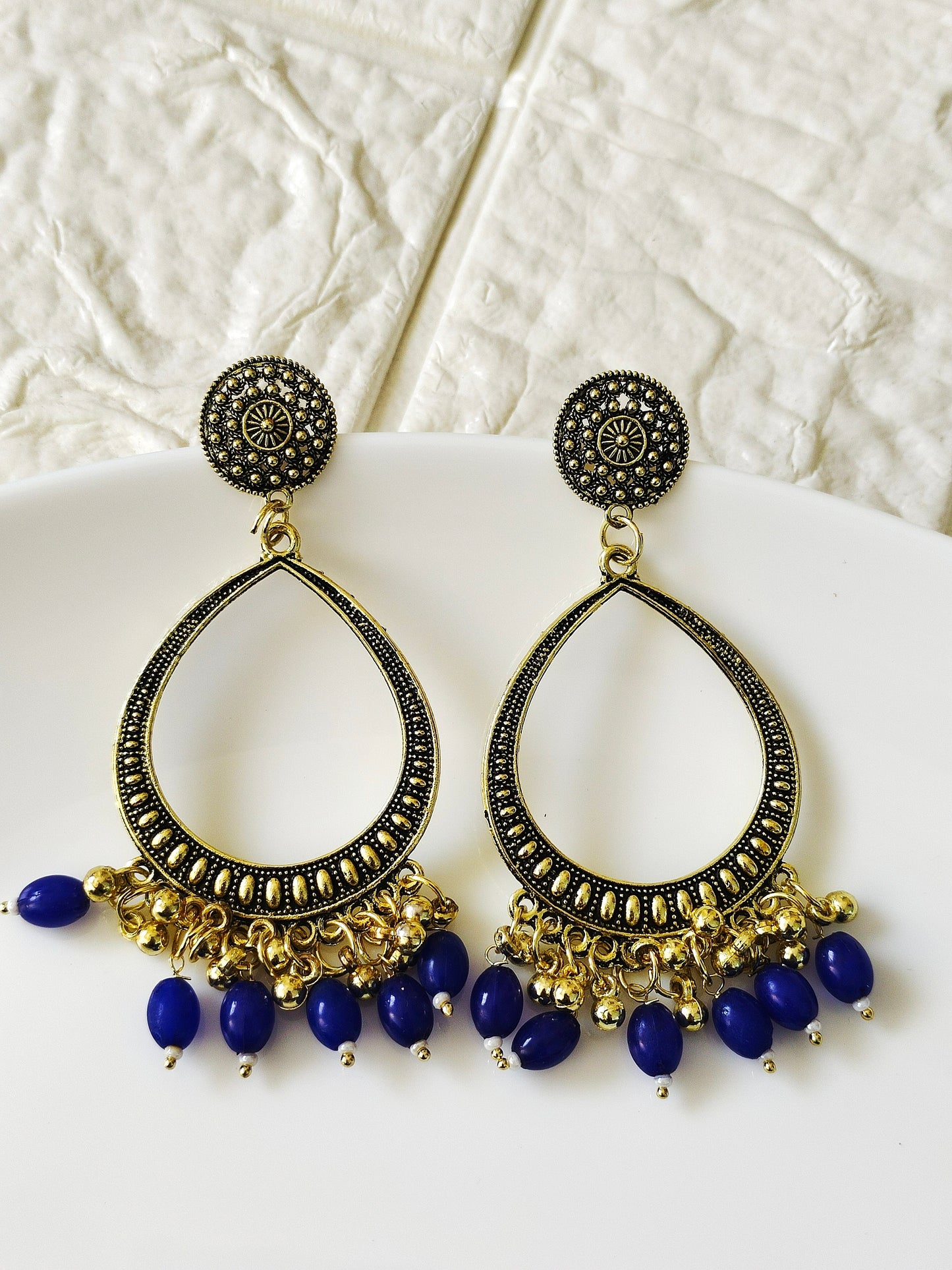 Gold Drop Blue Beaded Jhumka Base - 1 Pair