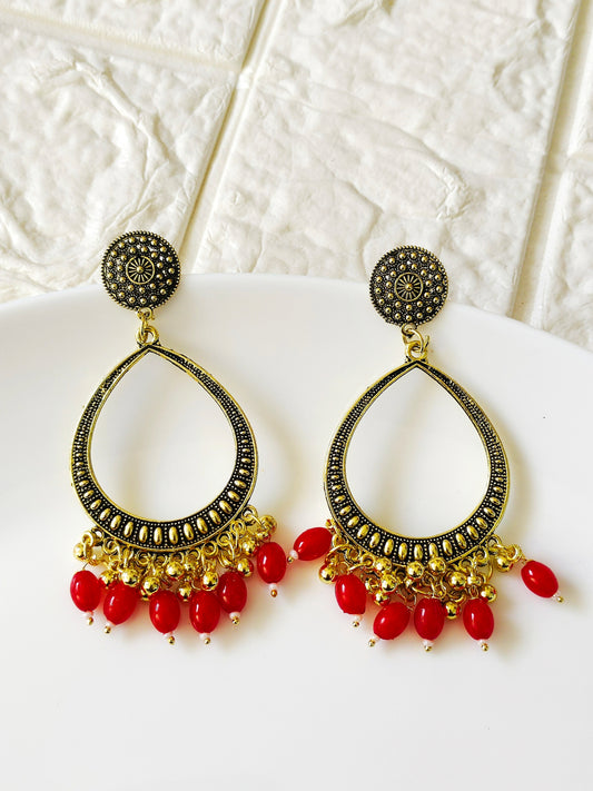 Gold Drop Red Beaded Jhumka Base - 1 Pair