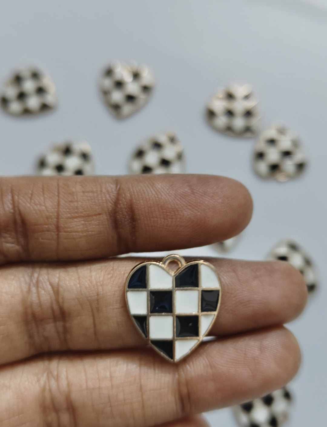 Checked Heart Enamel Charm - 1 Piece