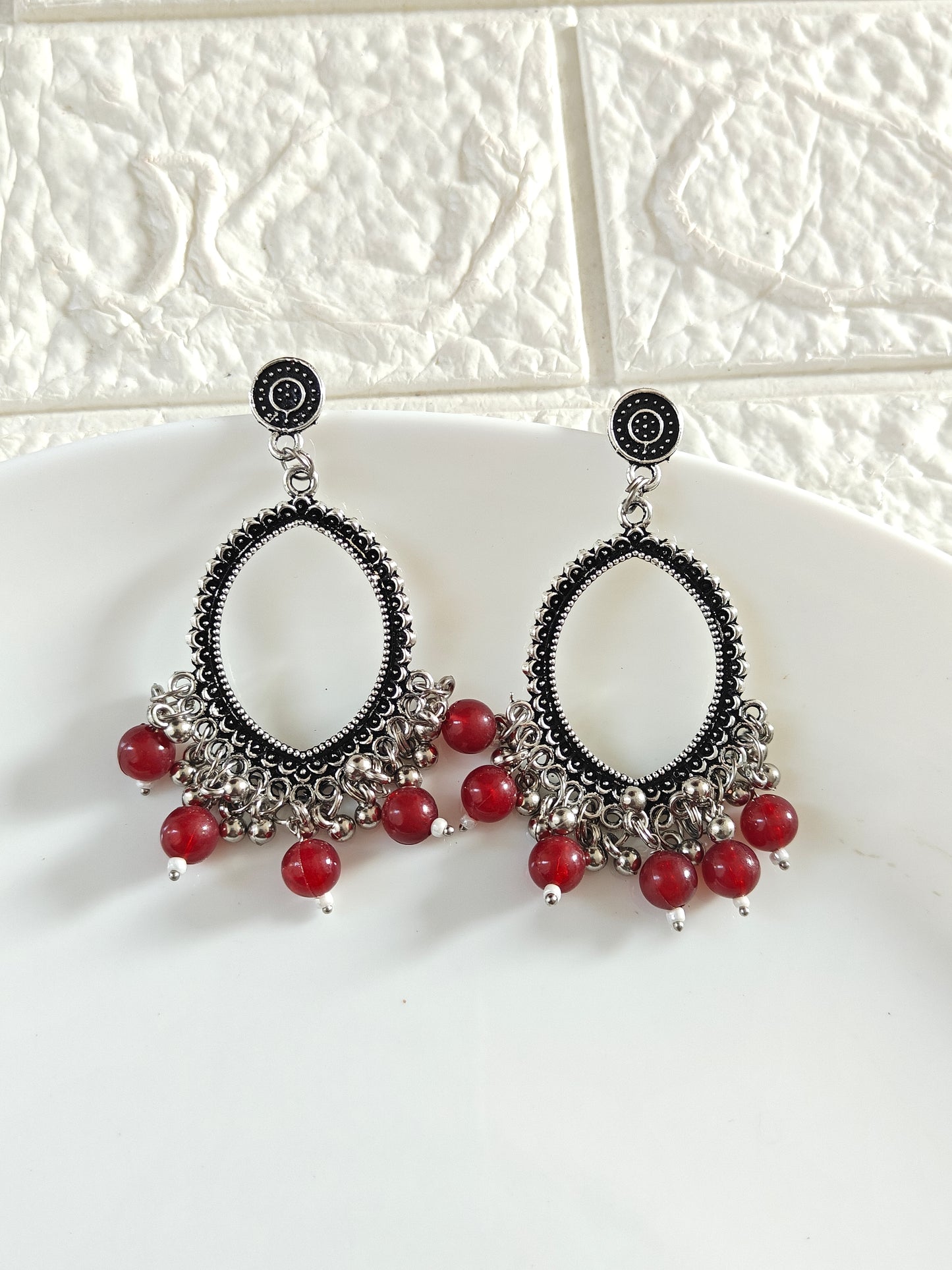 Silver Evil Eye Maroon Beaded Jhumka Base - 1 Pair