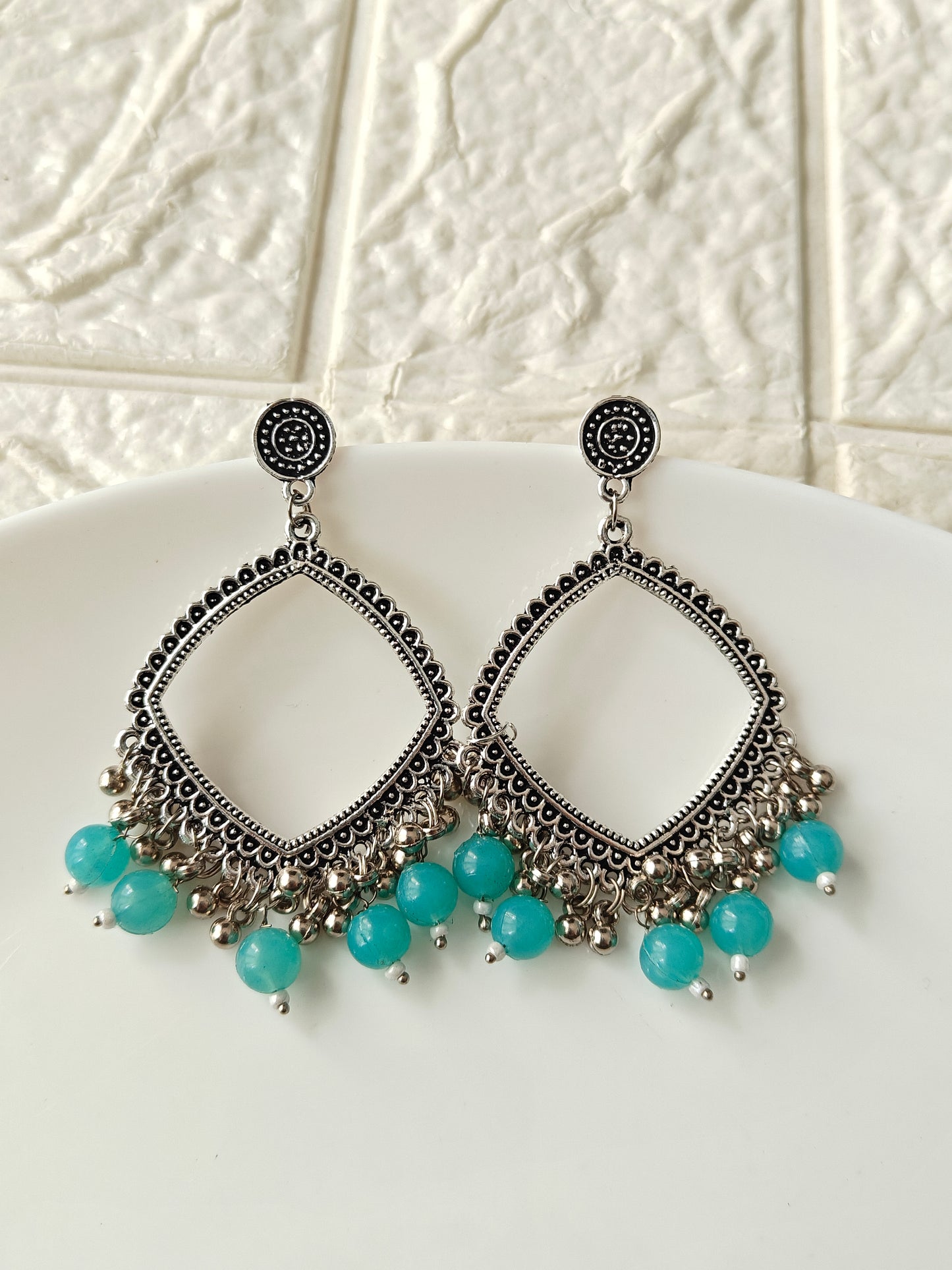 Silver Square Blue Beaded Jhumka Base - 1 Pair