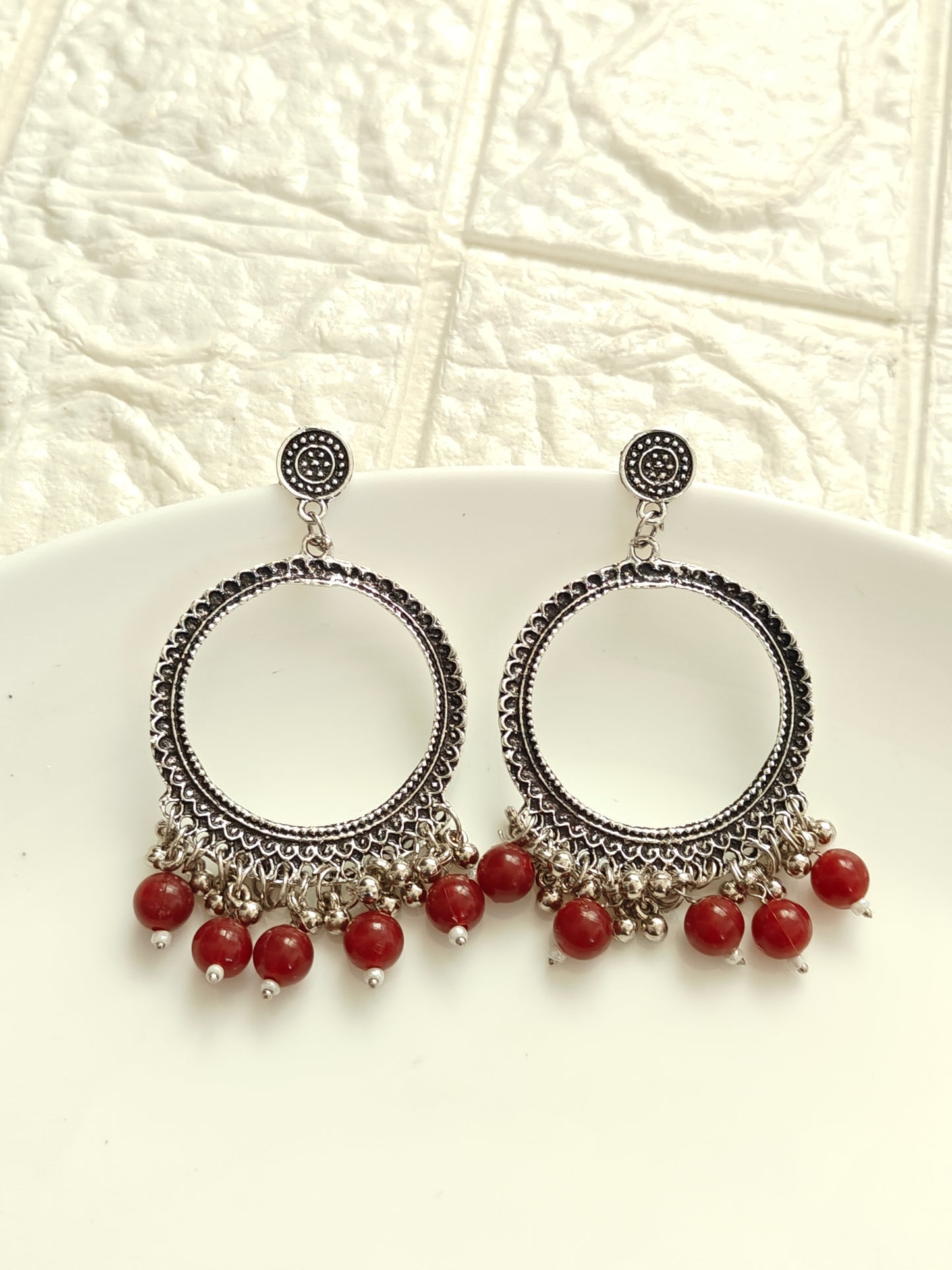 Silver Round Maroon Beaded Jhumka Base - 1 Pair