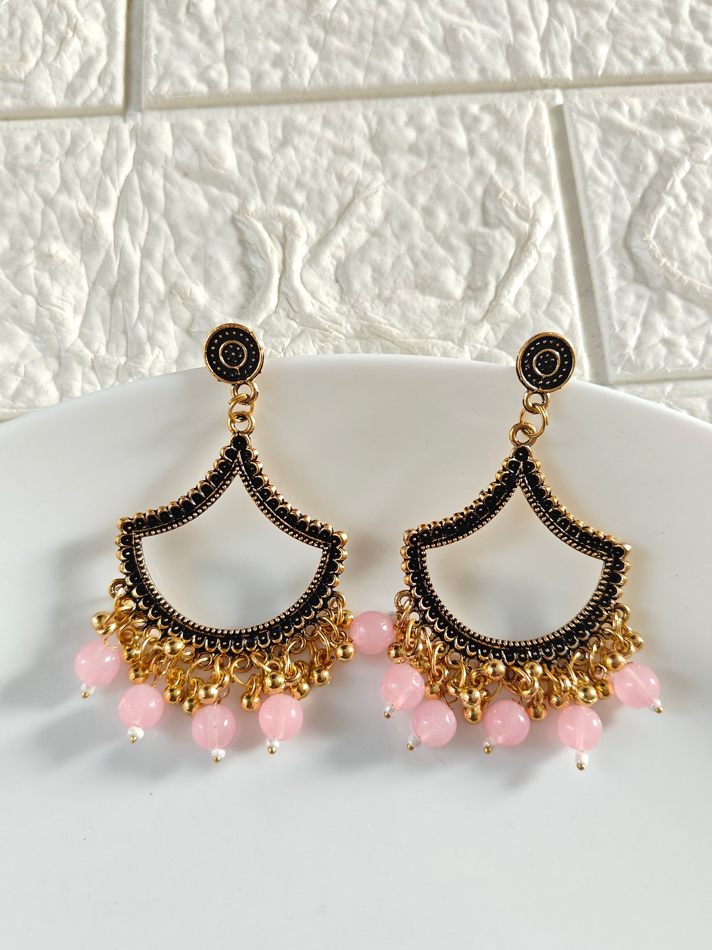 Gold Petal Pink Beaded Jhumka Base - 1 Pair