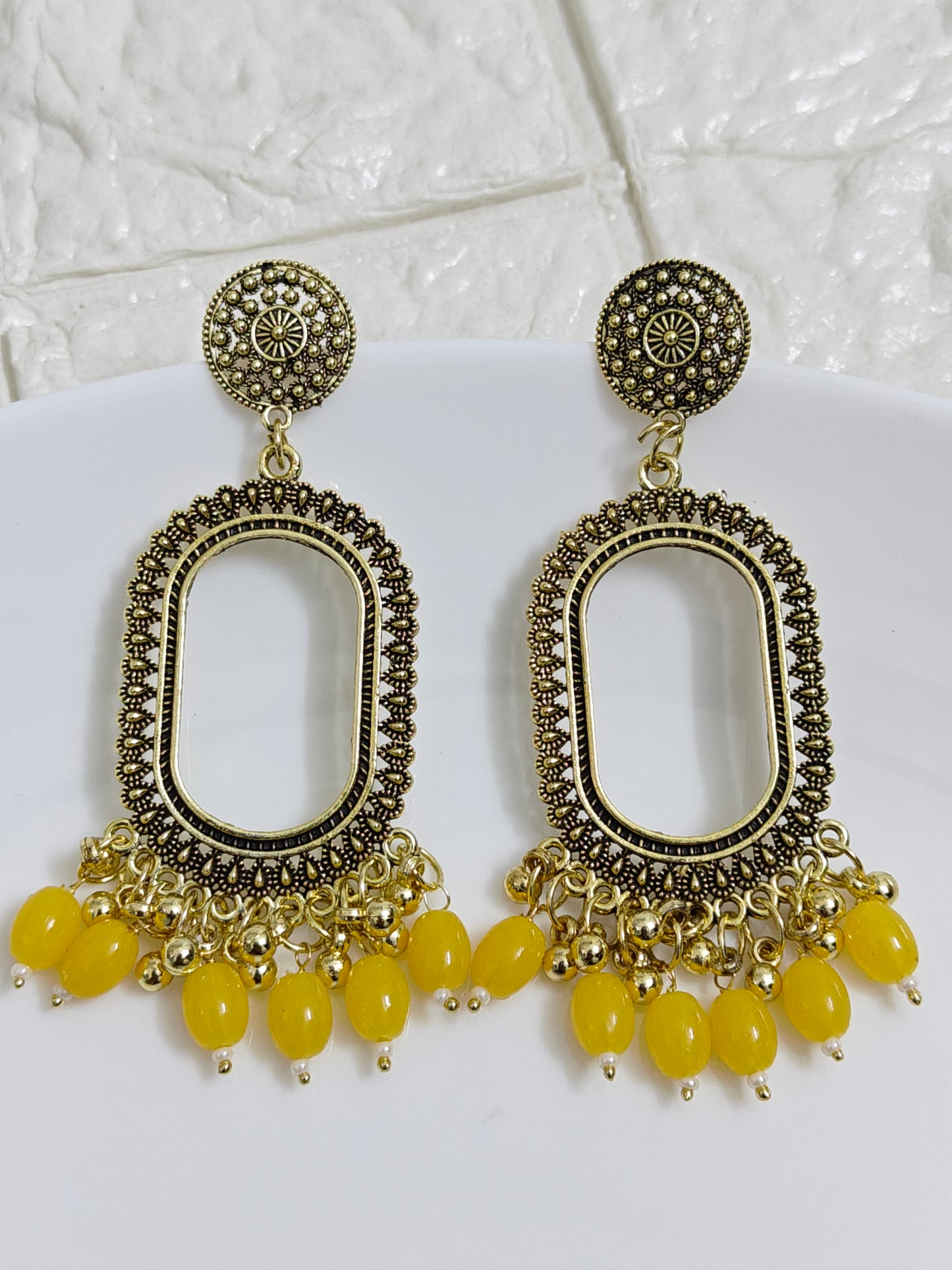 Gold Oval Yellow Beaded Jhumka Base - 1 Pair