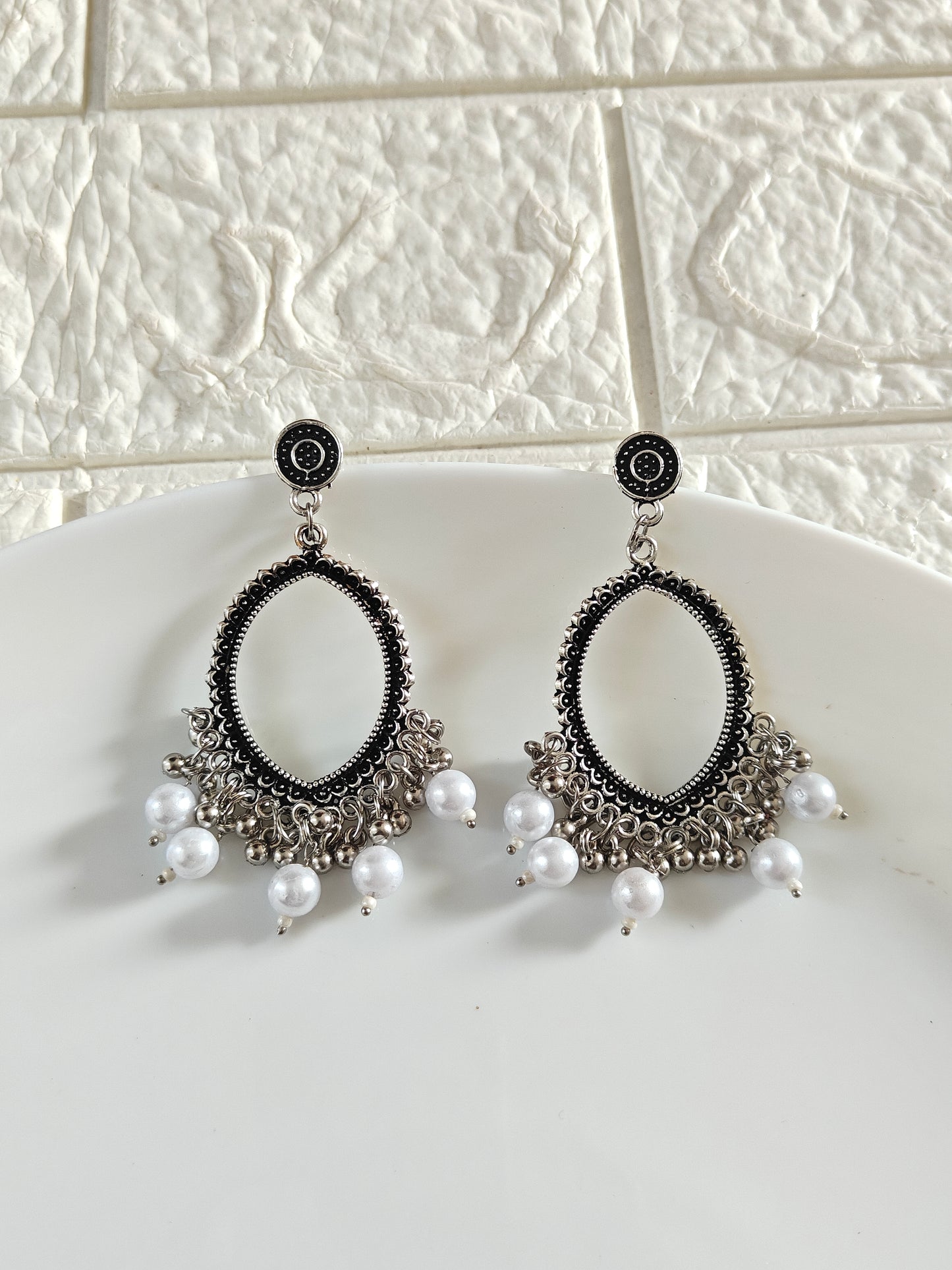 Silver Evil Eye White Beaded Jhumka Base - 1 Pair
