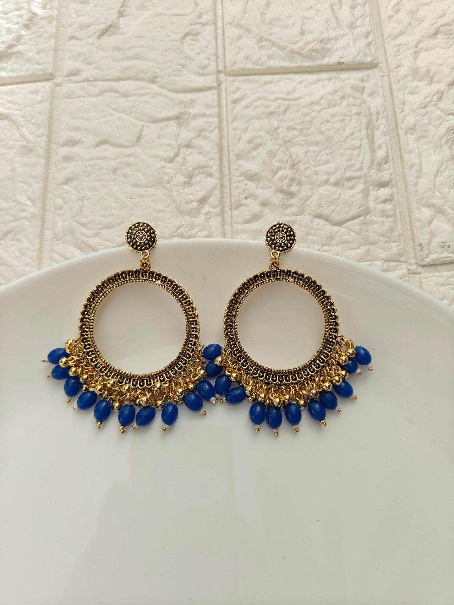 SH Gold Round Dark Blue Beaded Jhumka Base - 1 Pair