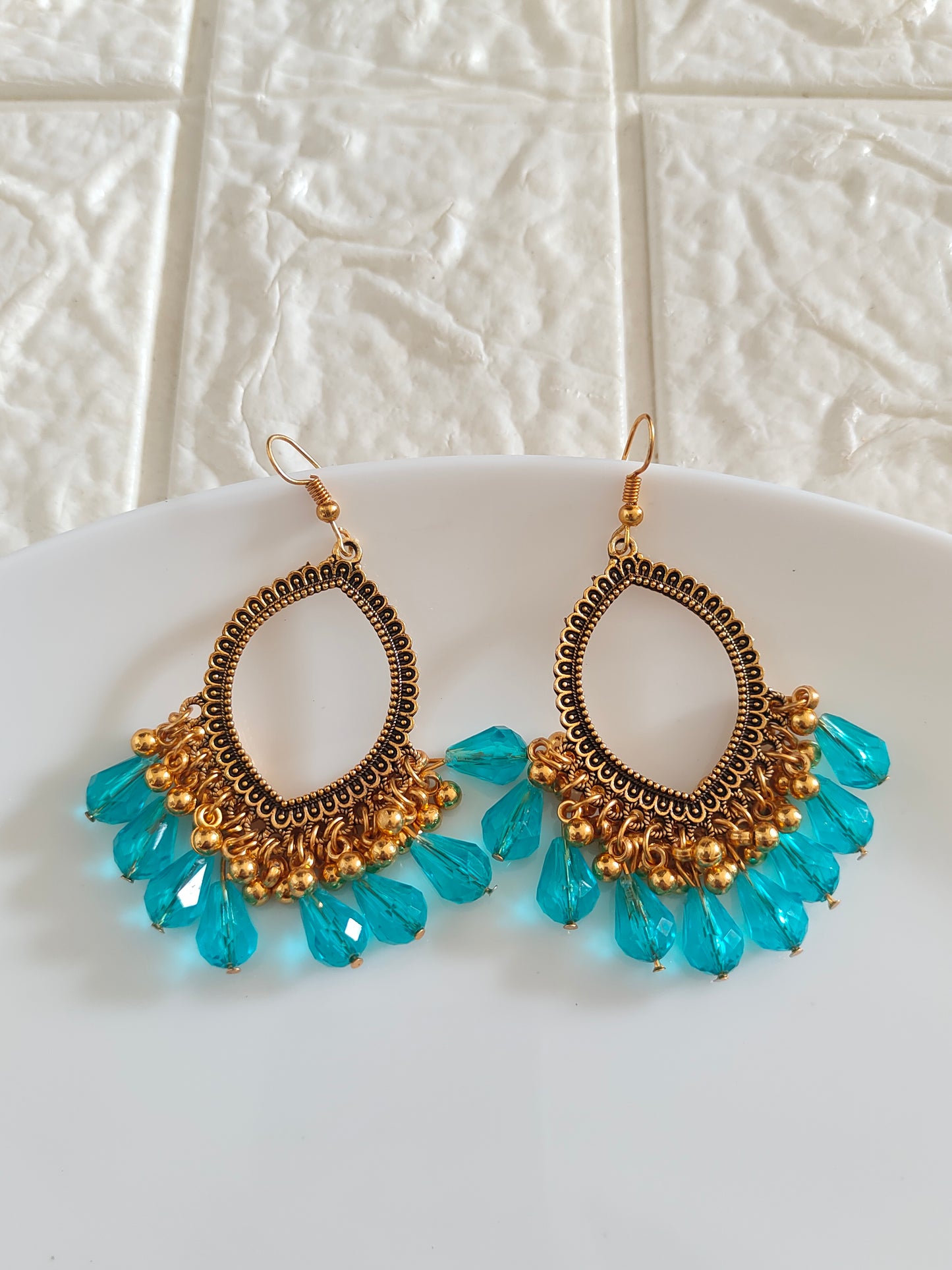 Gold Evil Eye Blue Drop Hook Beaded Jhumka Base - 1 Pair