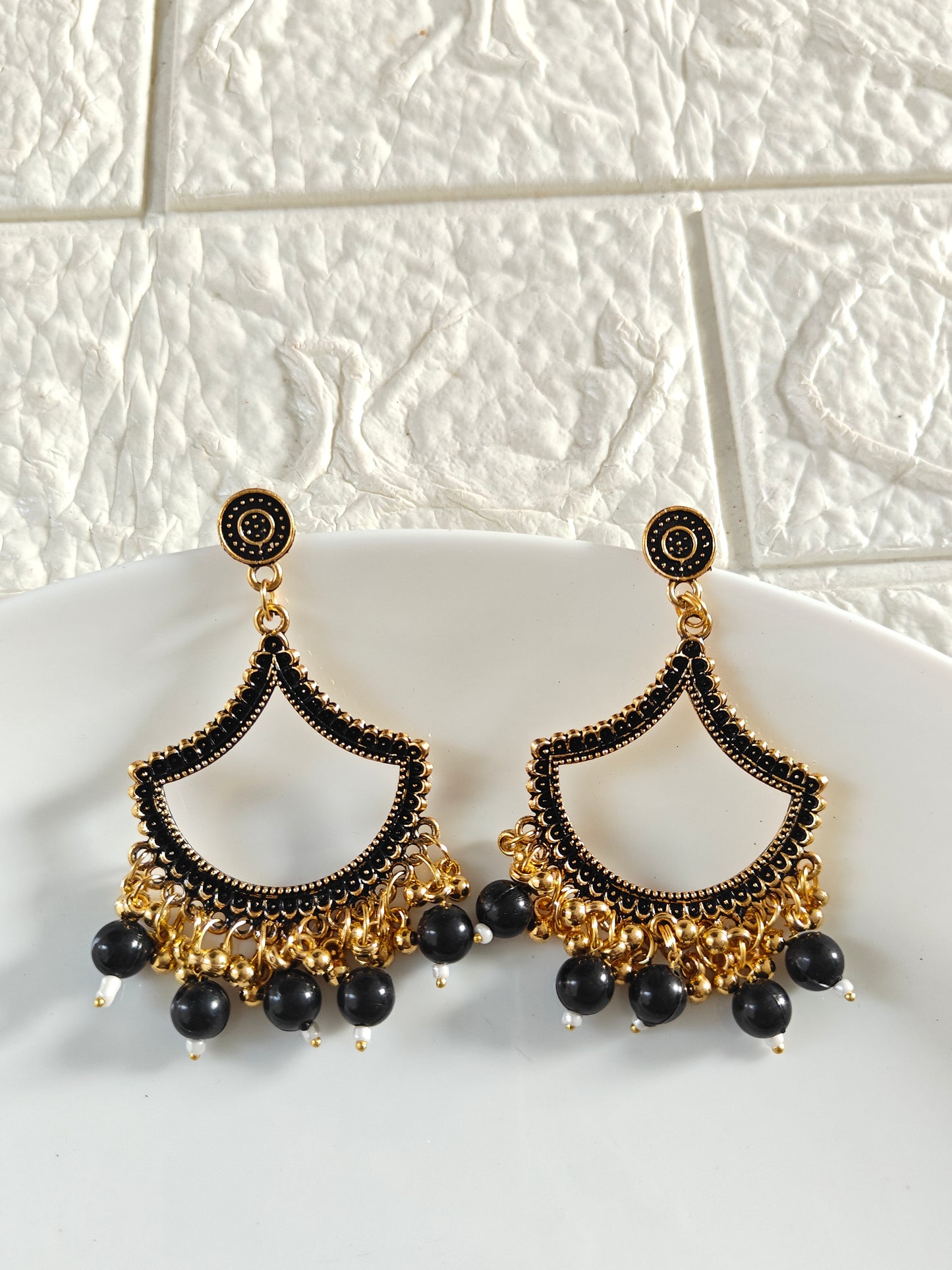 Gold Petal Black Beaded Jhumka Base - 1 Pair