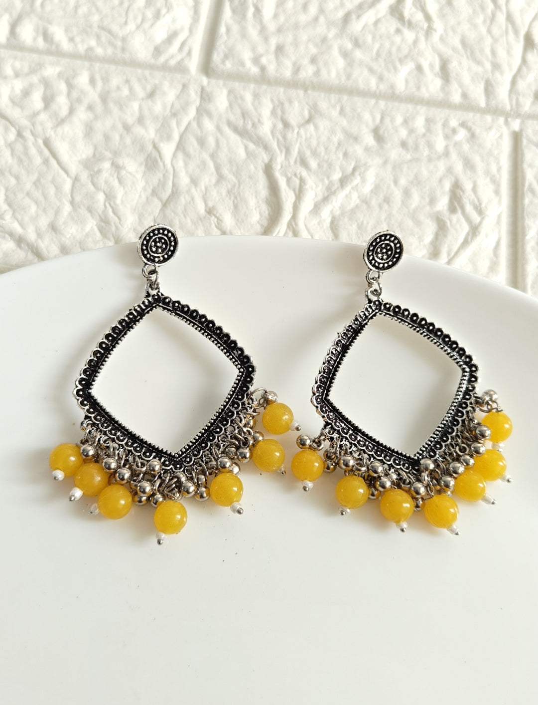 Square Yellow Beaded Jhumka Base - 1 Pair