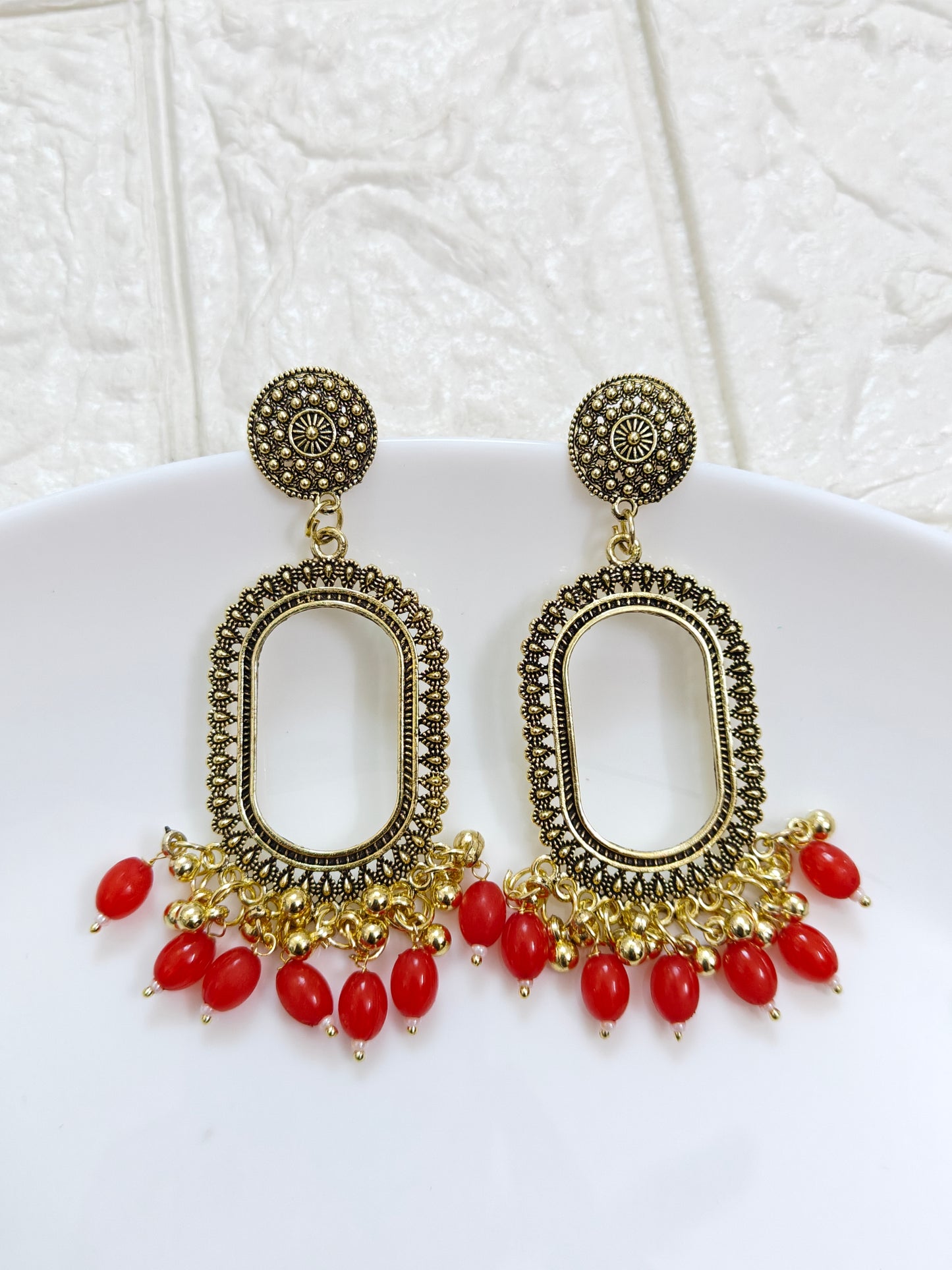 Gold Oval Red Beaded Jhumka Base - 1 Pair
