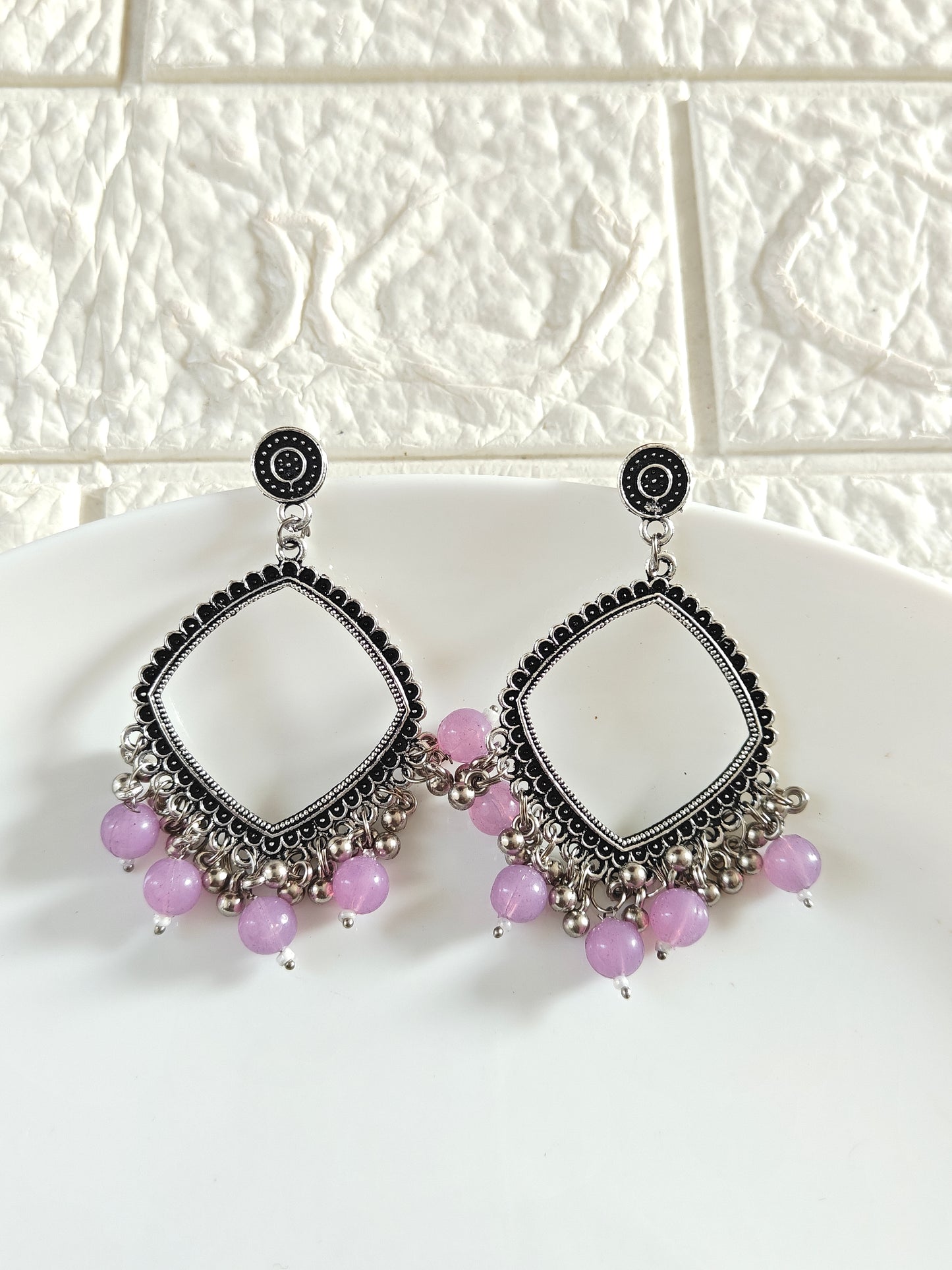 Silver Square Lavendar Beaded Jhumka Base - 1 Pair