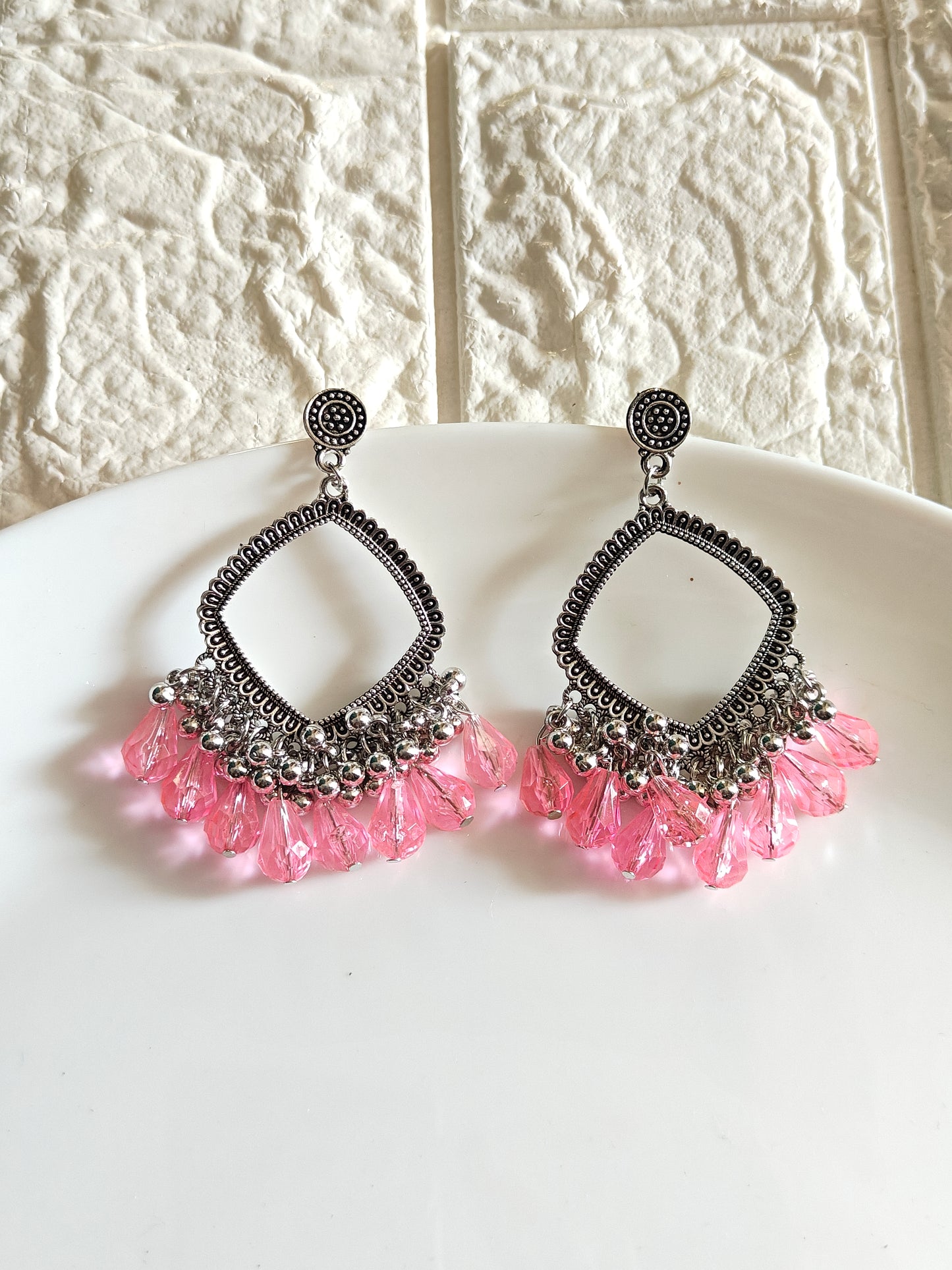 Silver Square Pink Drop Beaded Jhumka Base - 1 Pair