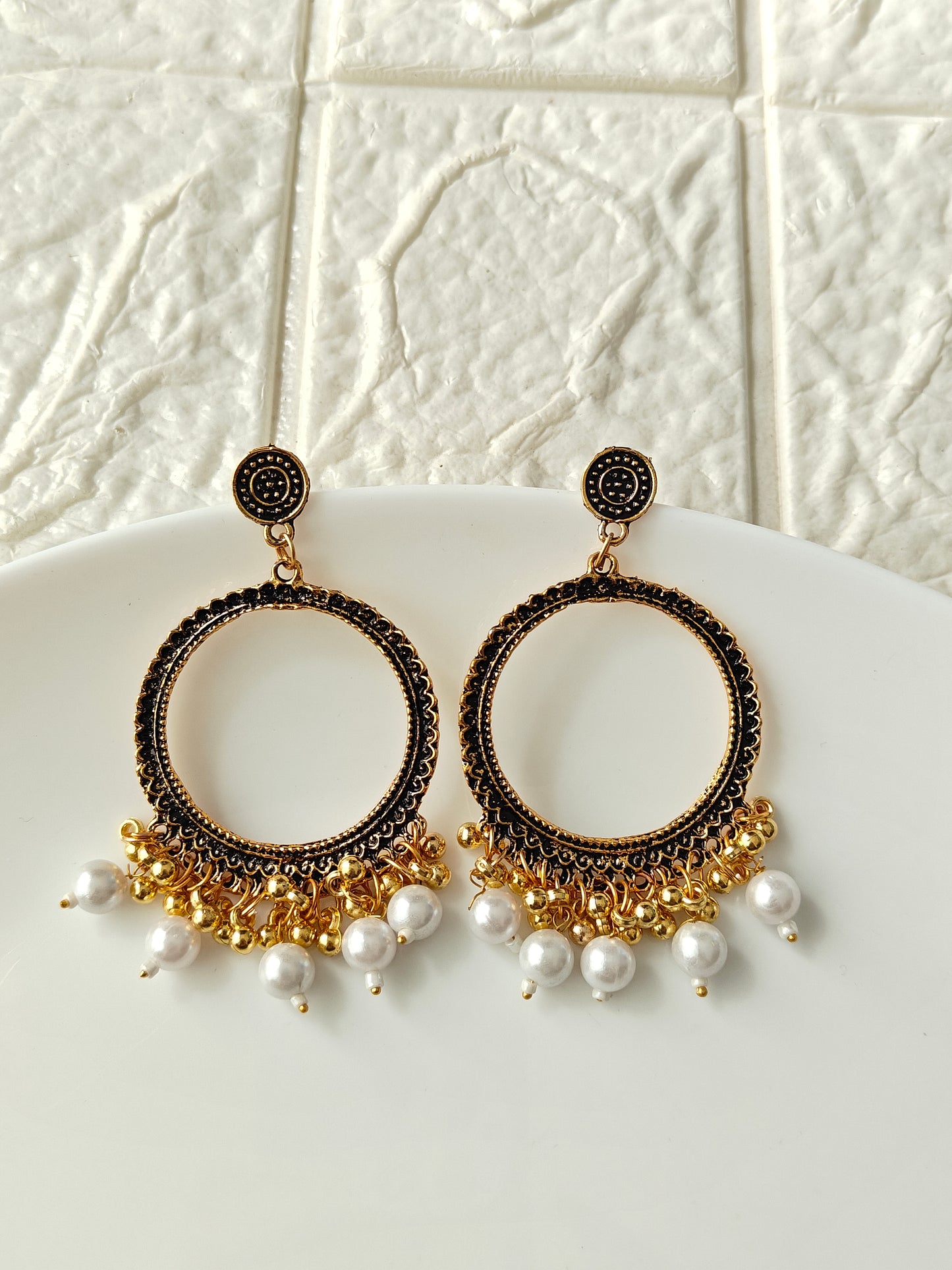 Gold Round White Beaded Jhumka Base - 1 Pair