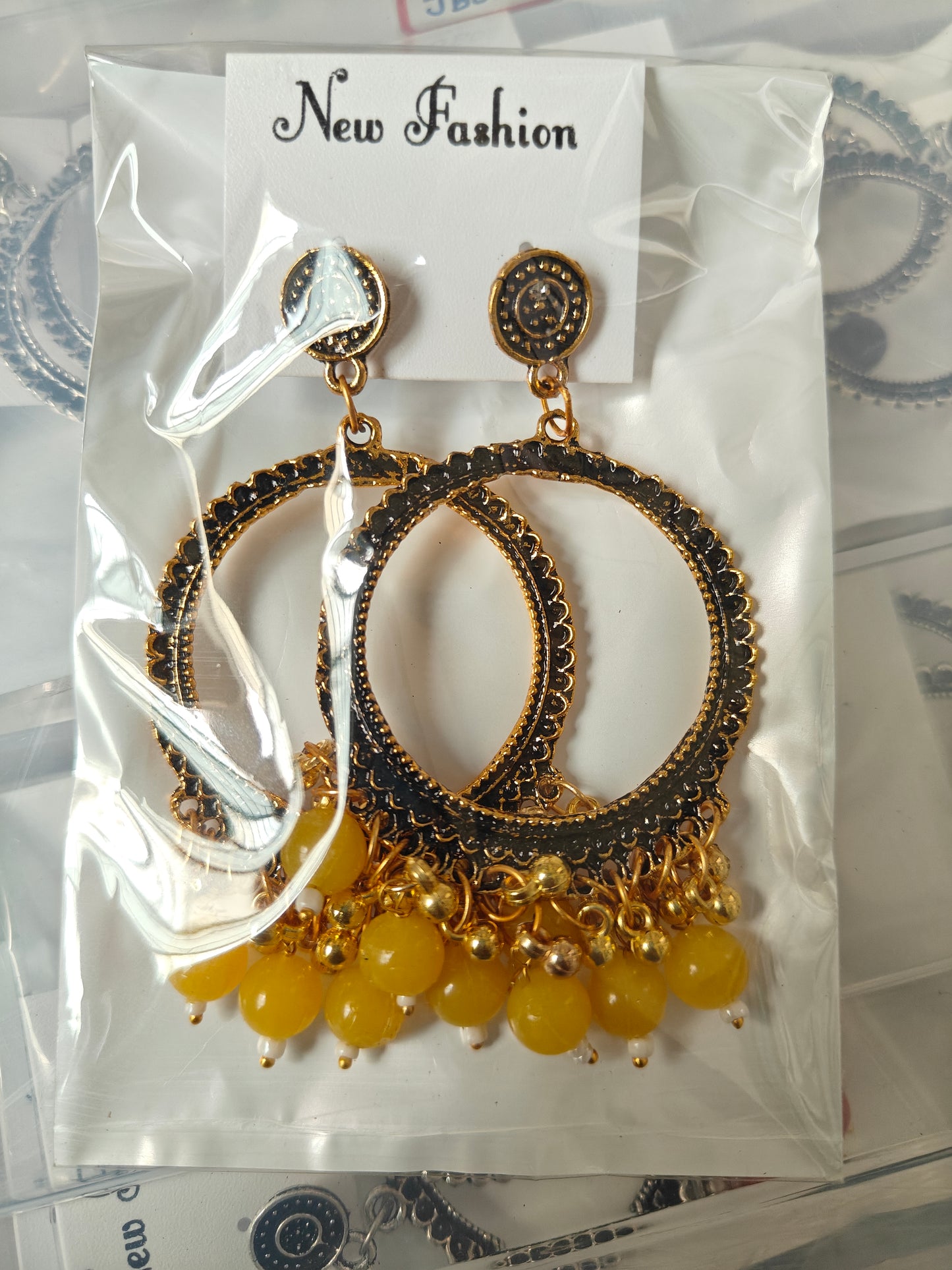 Gold Round Yellow Beaded Jhumka Base - 1 Pair