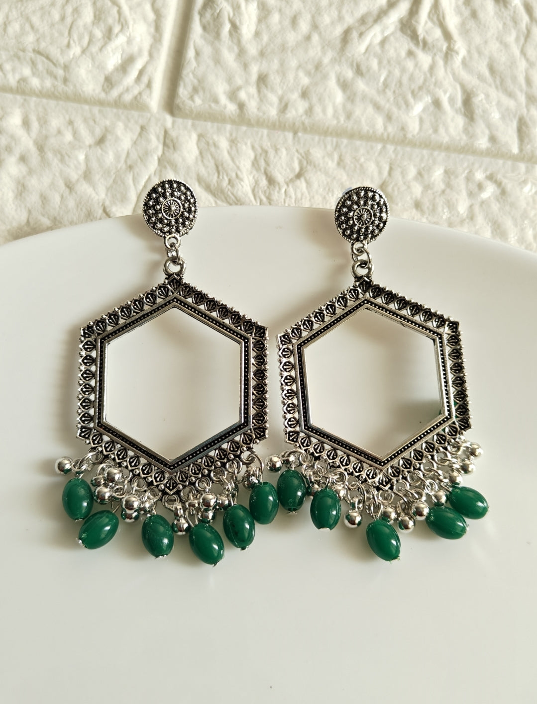 Hexagon Green Beaded Jhumka Base - 1 Pair
