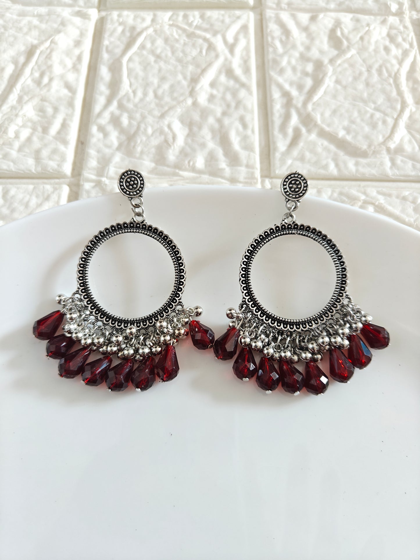 Silver Round Brown Beaded Jhumka Base - 1 Pair