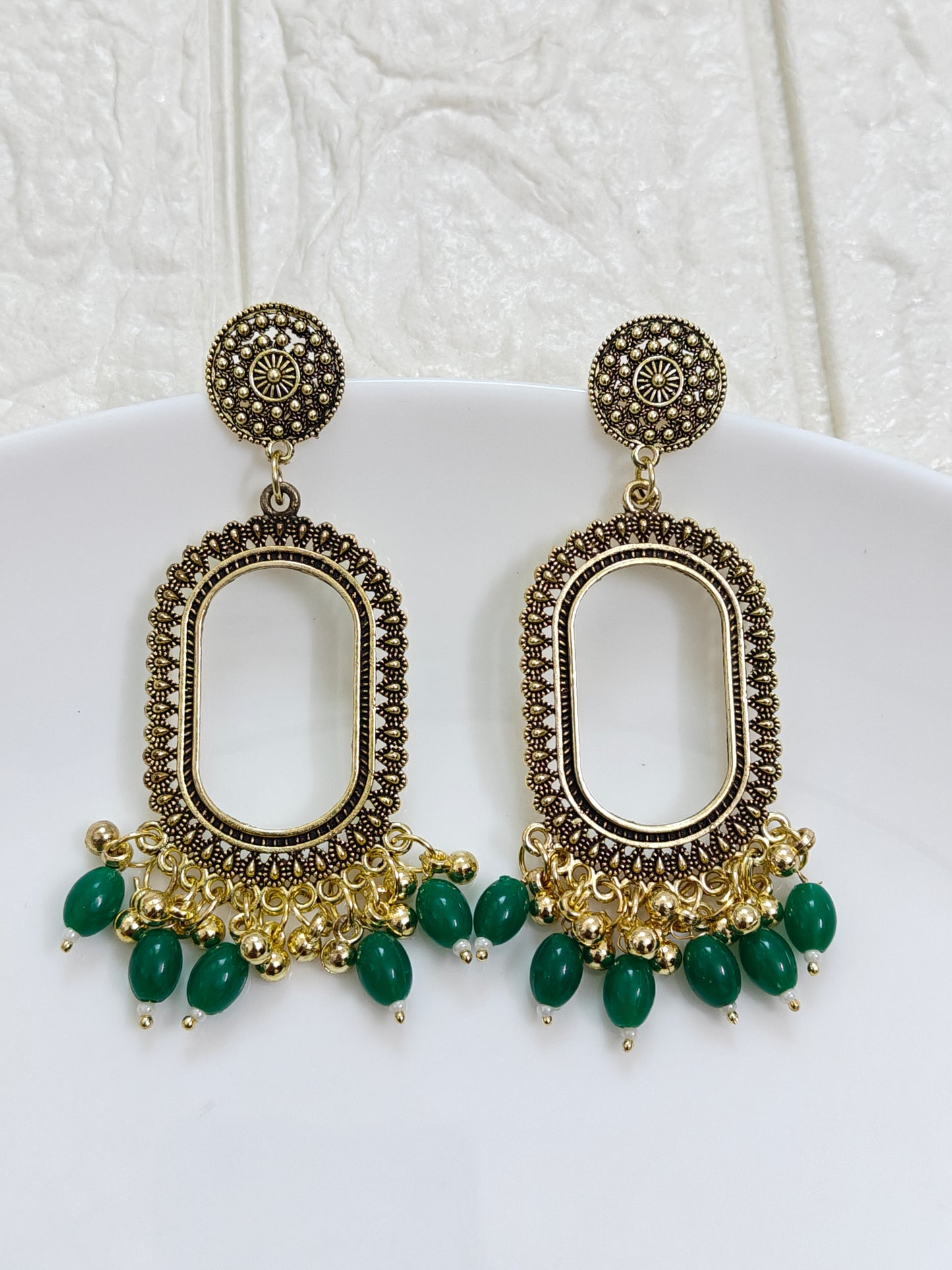 Gold Oval Dark Green Beaded Jhumka Base - 1 Pair