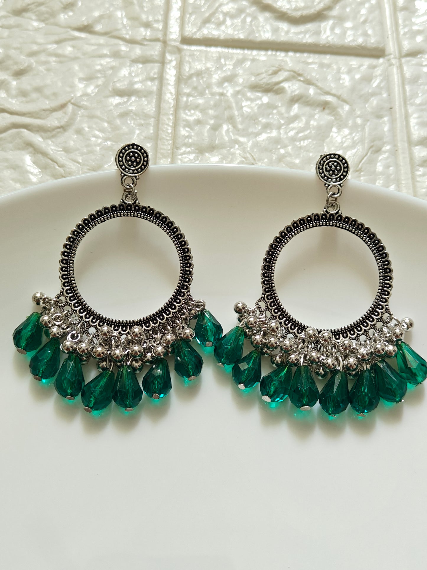 Silver Round Green Drop Beaded Jhumka Base - 1 Pair