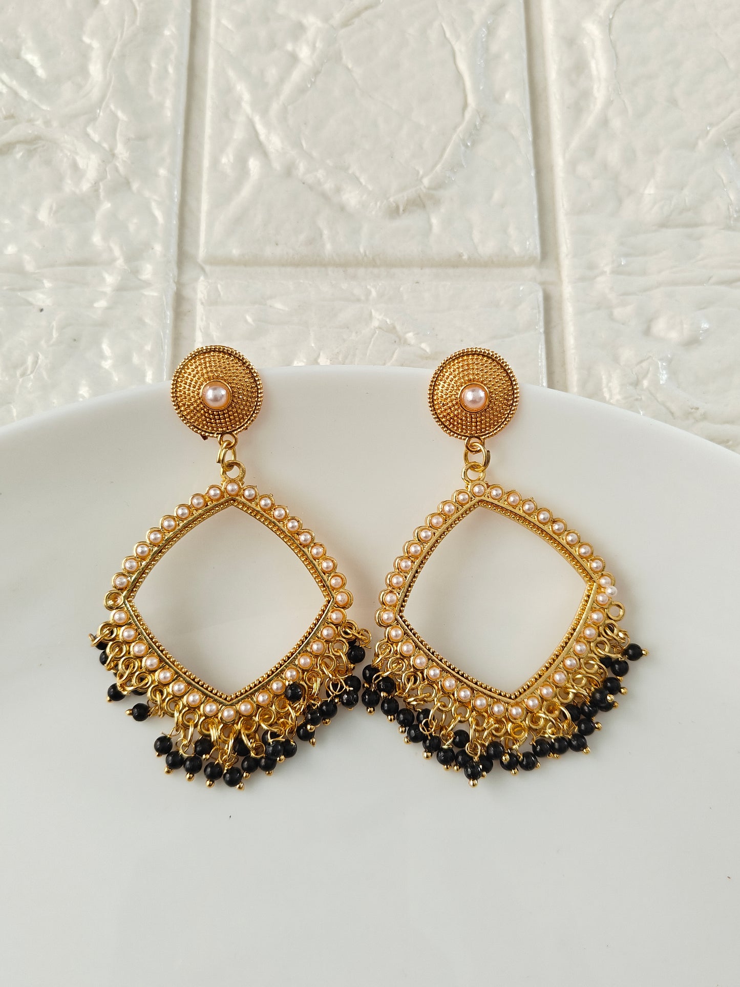 Gold Square Black Pearl Beaded Jhumka Base - 1 Pair