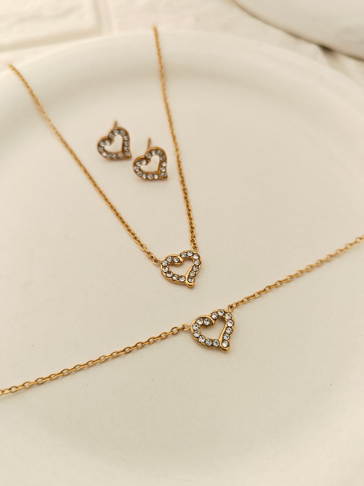 Heart Charm Combo Set - Stud, Chain, Bracelet