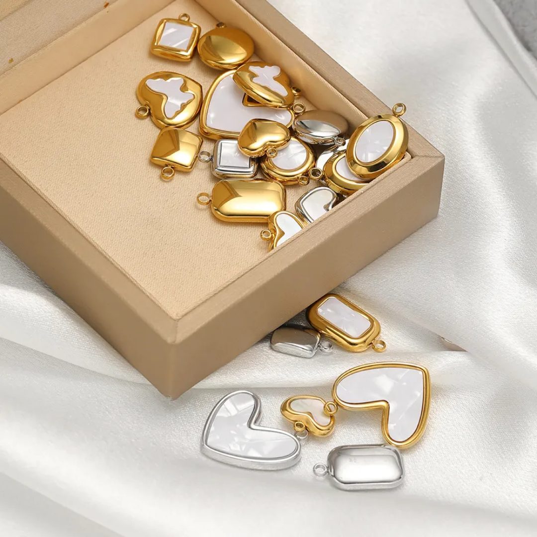 SS 18k Gold Plated Tilted Heart White Enamel Charm - 1 Piece