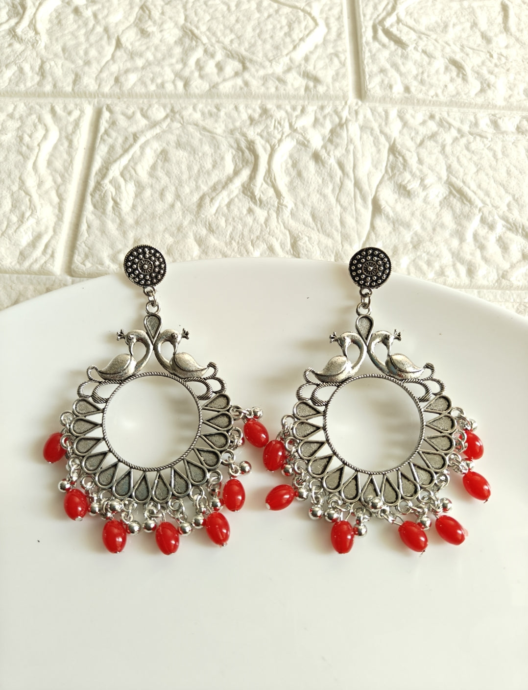 Peacock Red Beaded Jhumka Base - 1 Pair