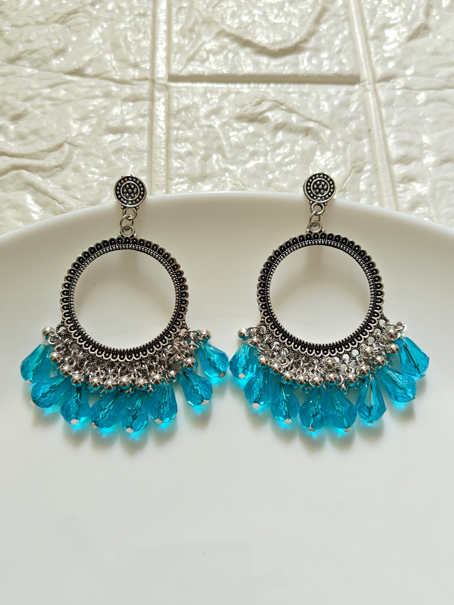 Silver Round Blue Drop Beaded Jhumka Base - 1 Pair