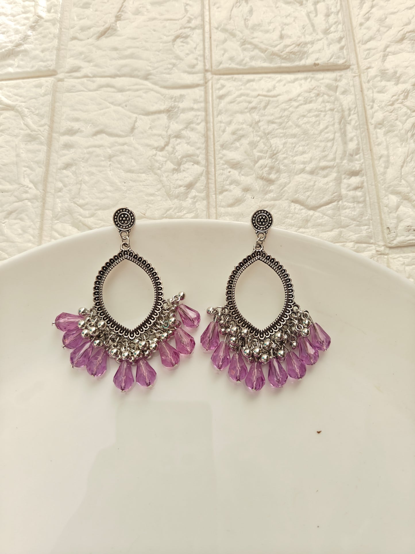 Silver Evil Eye Purple Drop Beaded Jhumka Base - 1 Pair