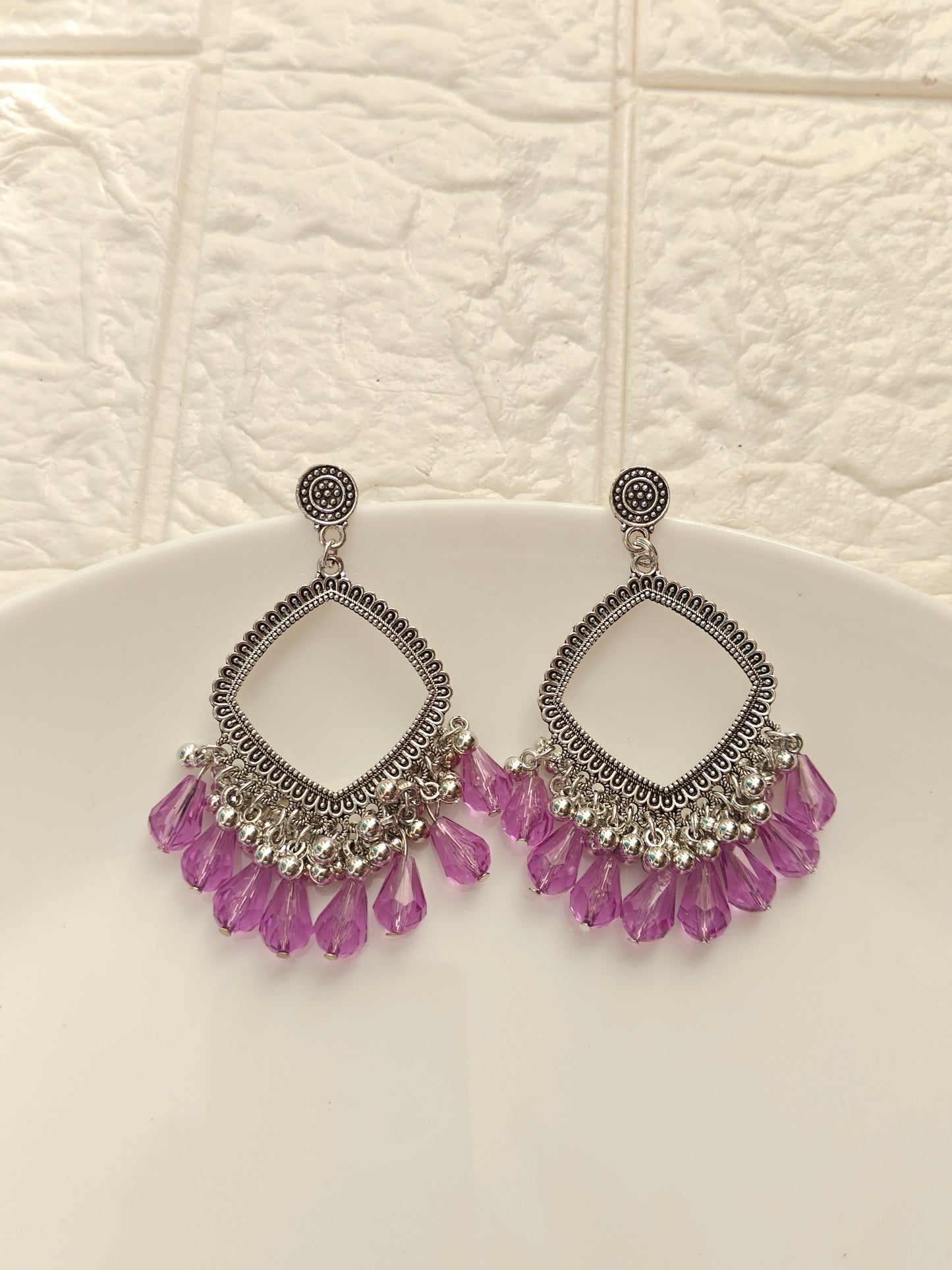 Silver Square Purple Drop Beaded Jhumka Base - 1 Pair