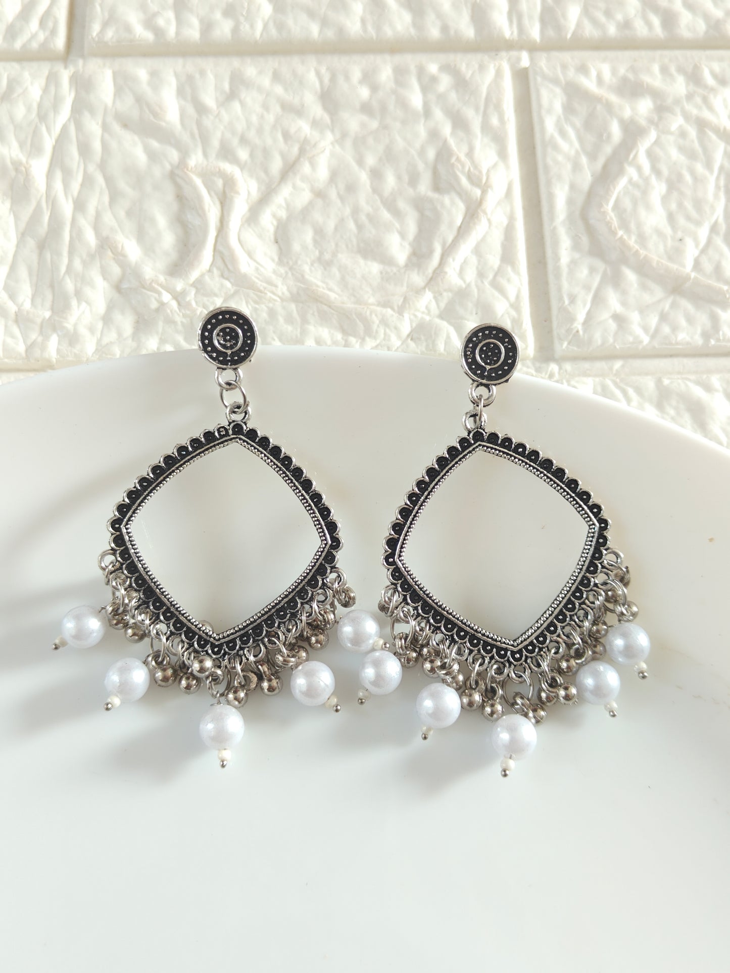 Square White Beaded Jhumka Base - 1 Pair