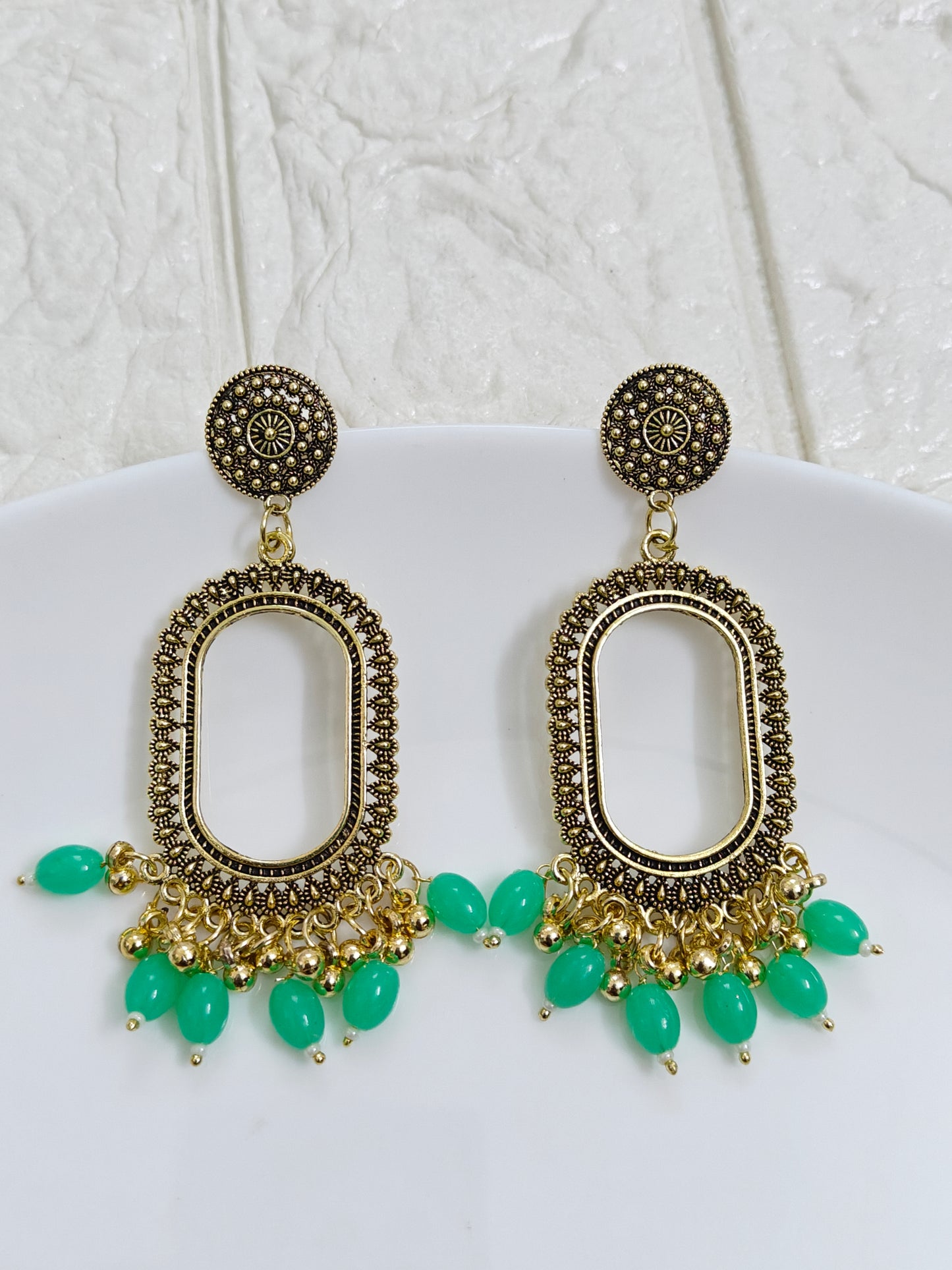 Gold Oval Light Green Beaded Jhumka Base - 1 Pair