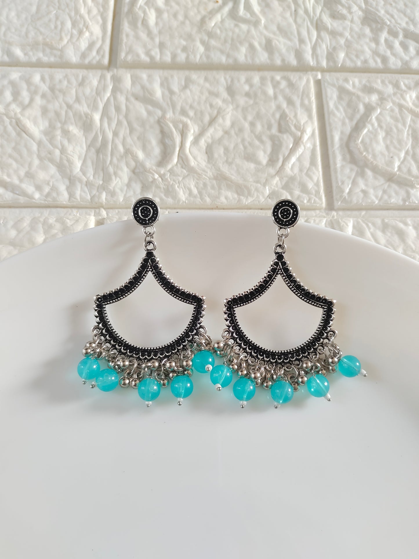 Silver Petal Blue Beaded Jhumka Base - 1 Pair