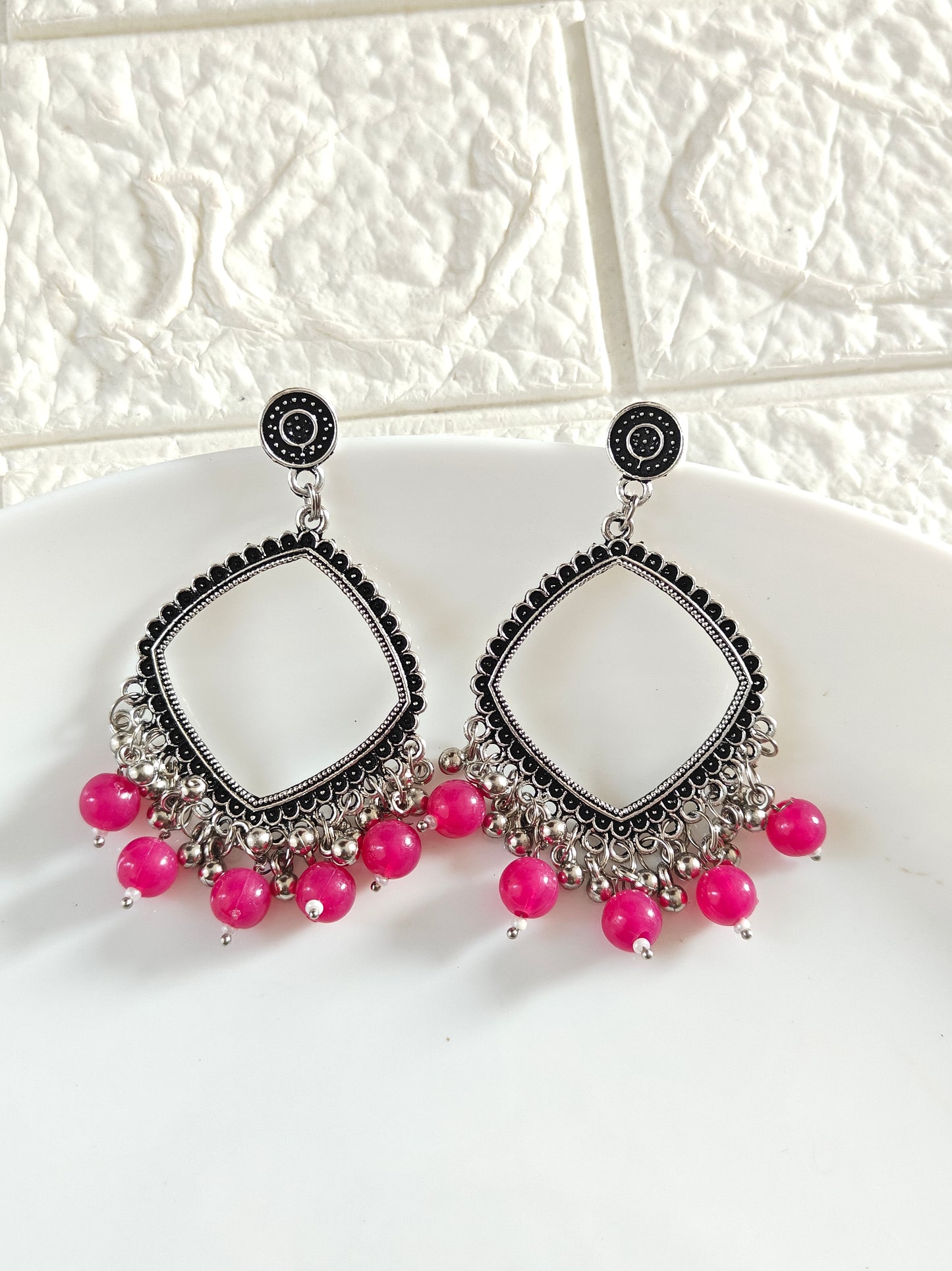 Silver Square Rani Pink Beaded Jhumka Base - 1 Pair