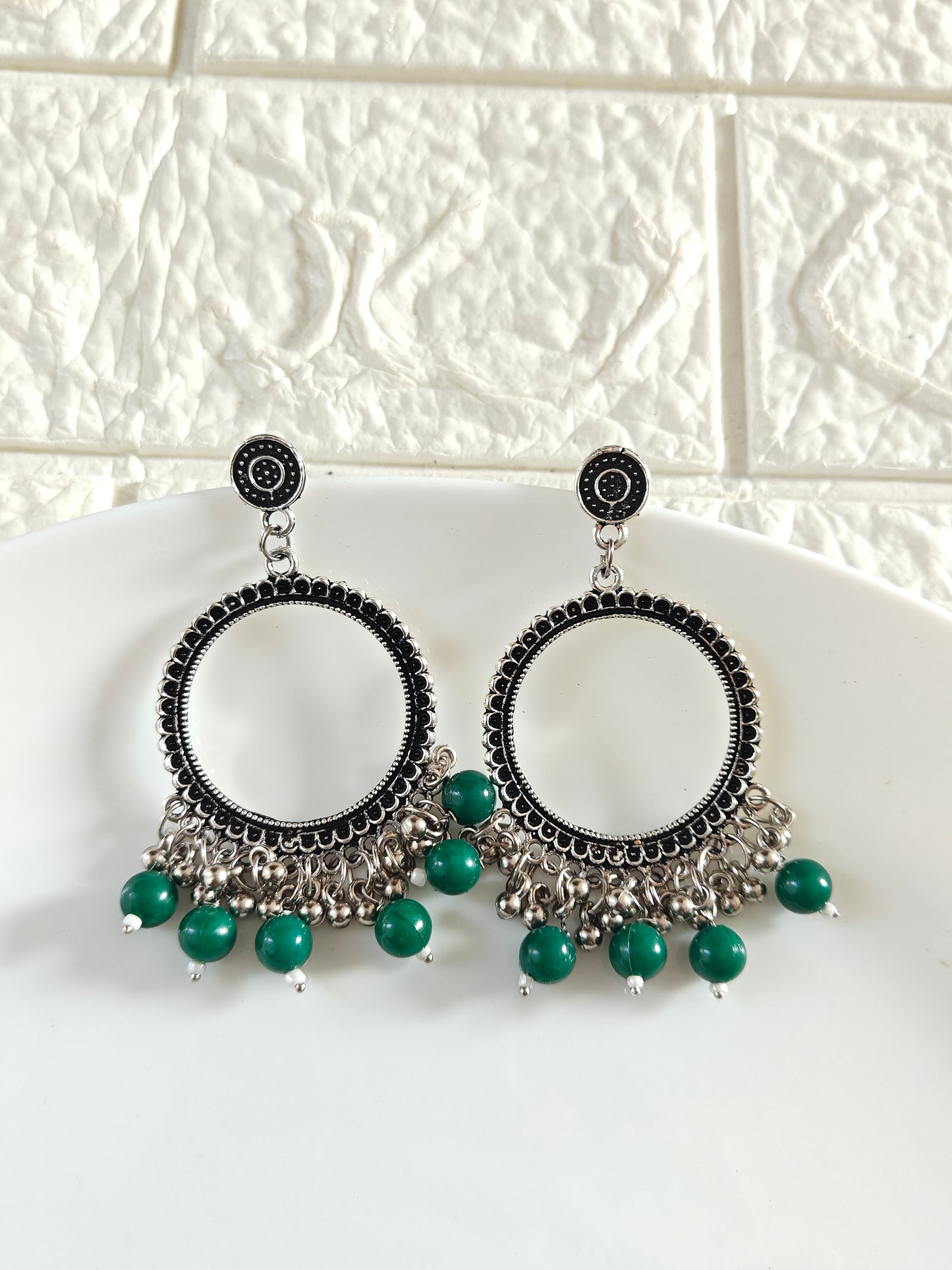 Silver Round Green Beaded Jhumka Base - 1 Pair