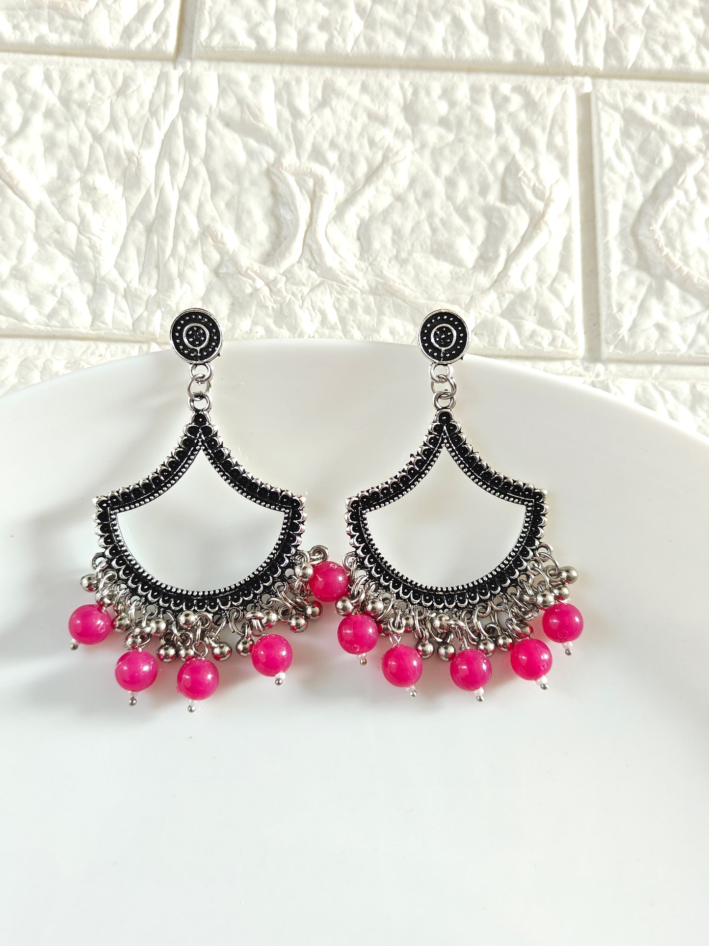Silver Petal Rani Pink Beaded Jhumka Base - 1 Pair