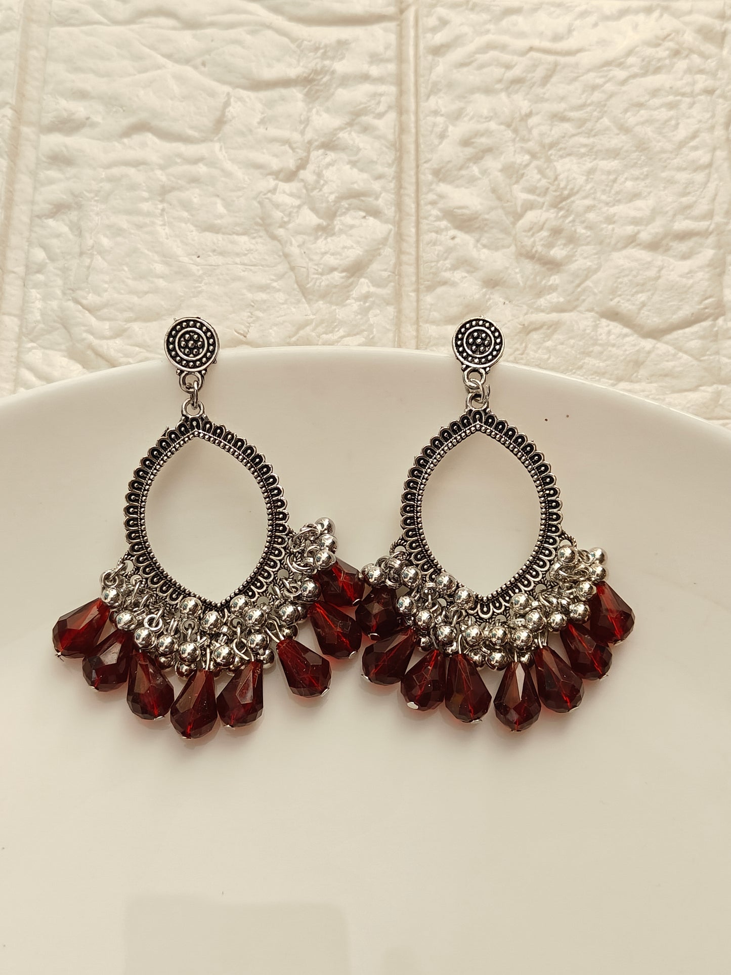 Silver Evil Eye Brown Drop Beaded Jhumka Base - 1 Pair