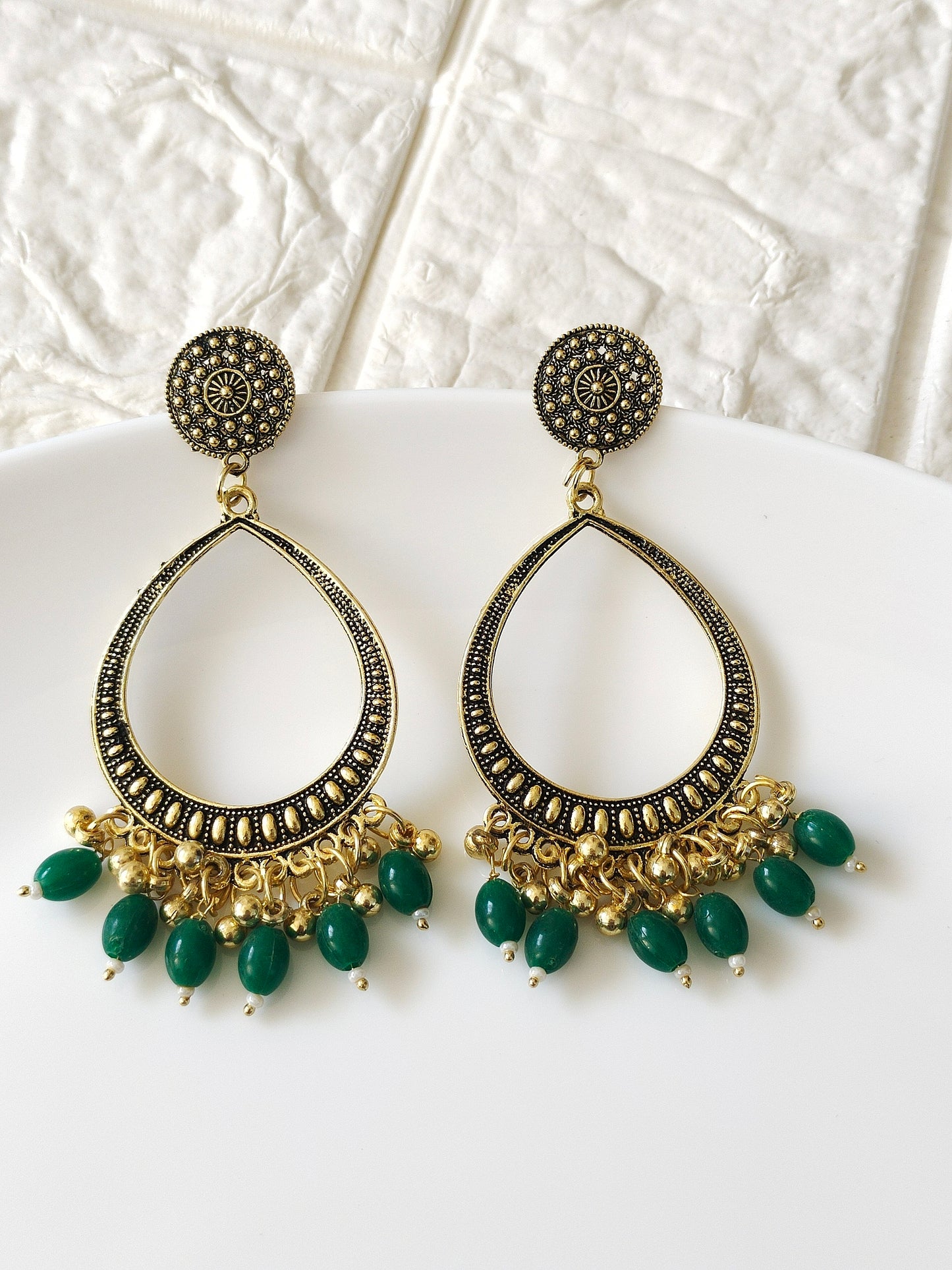 Gold Drop Green Beaded Jhumka Base - 1 Pair