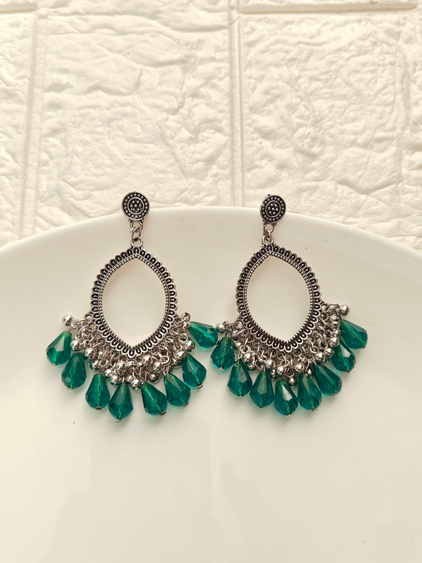 Silver Evil Eye Green Drop Beaded Jhumka Base - 1 Pair