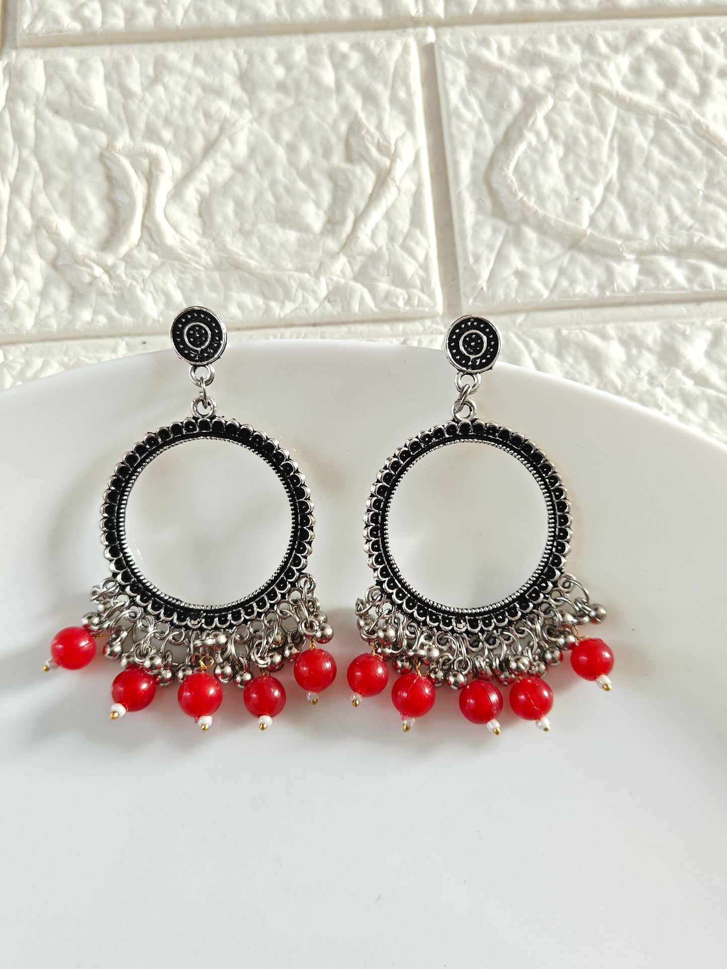 Silver Round Red Beaded Jhumka Base - 1 Pair