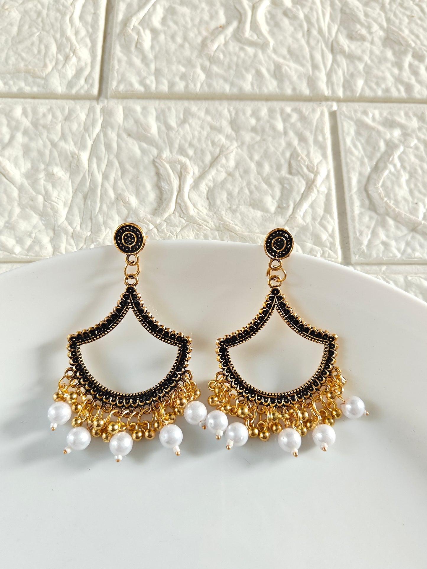 Gold Petal White Beaded Jhumka Base - 1 Pair