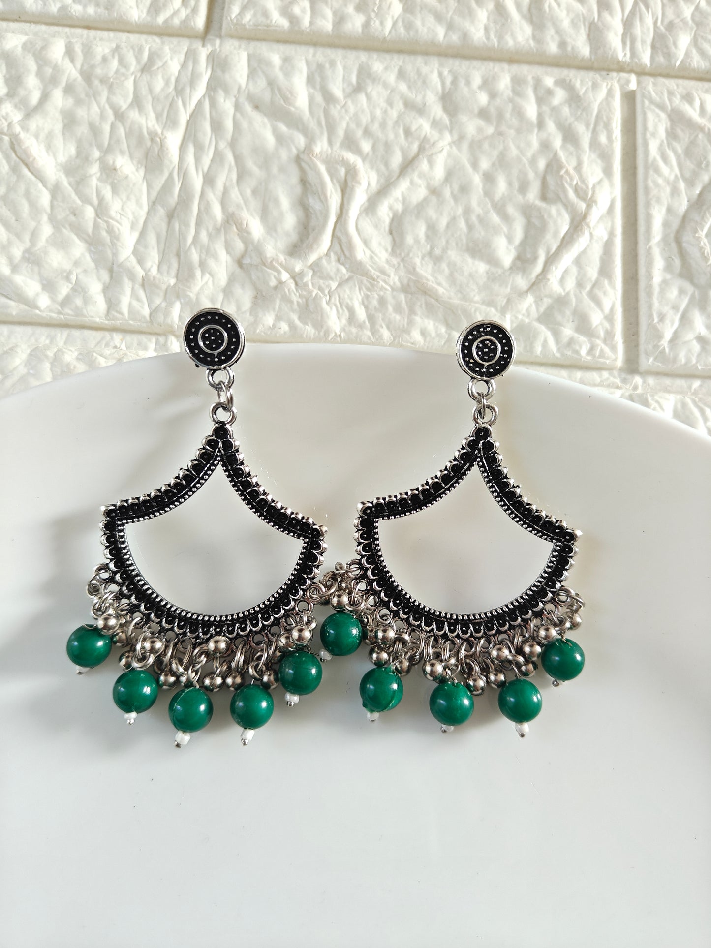 Silver Petal Green Beaded Jhumka Base - 1 Pair
