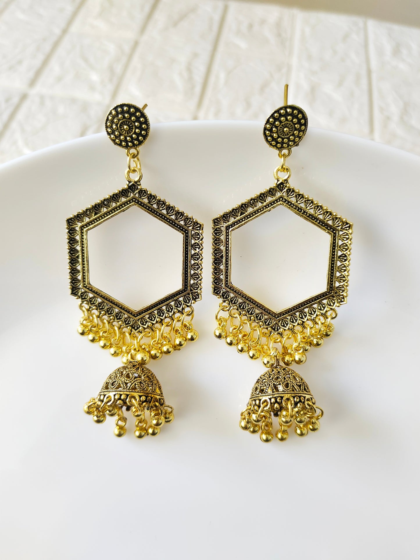 Gold Hexagon Hanging Jhumka Base - 1 Pair