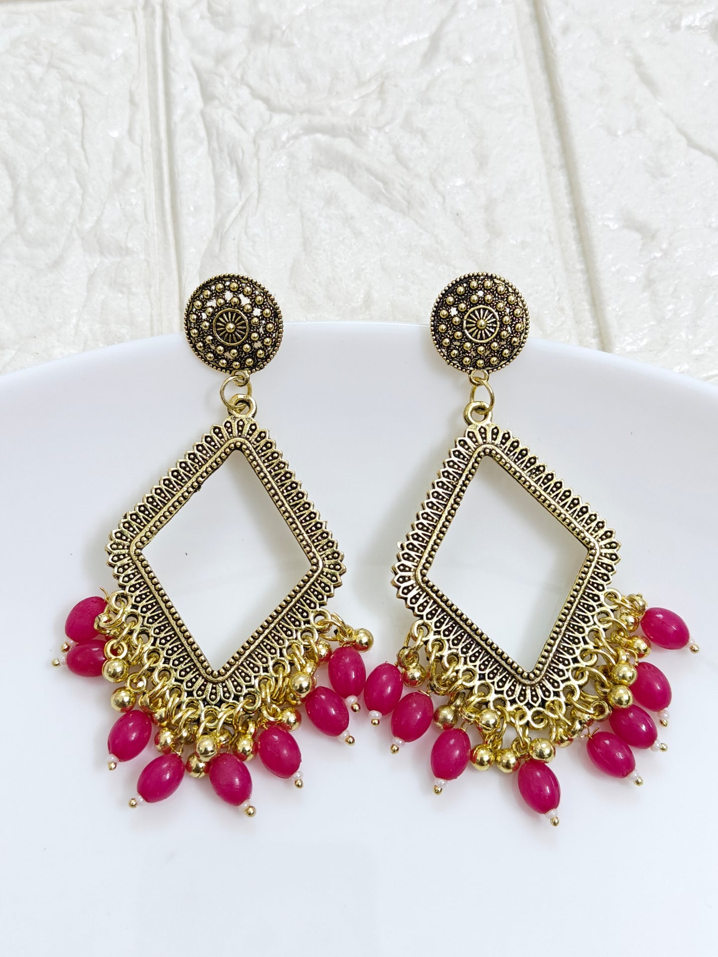 Gold Rhombus Fuchsia Beaded Jhumka Base - 1 Pair