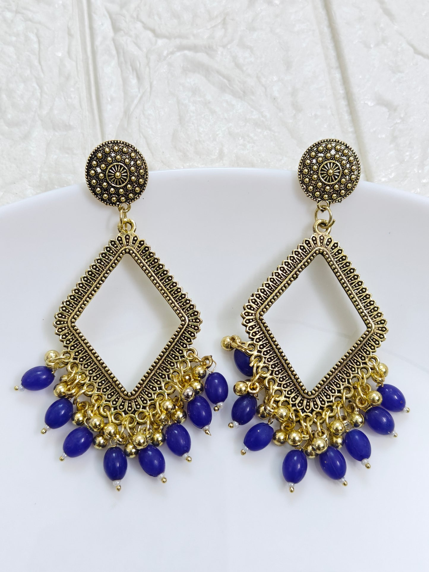Gold Rhombus Dark Blue Beaded Jhumka Base - 1 Pair