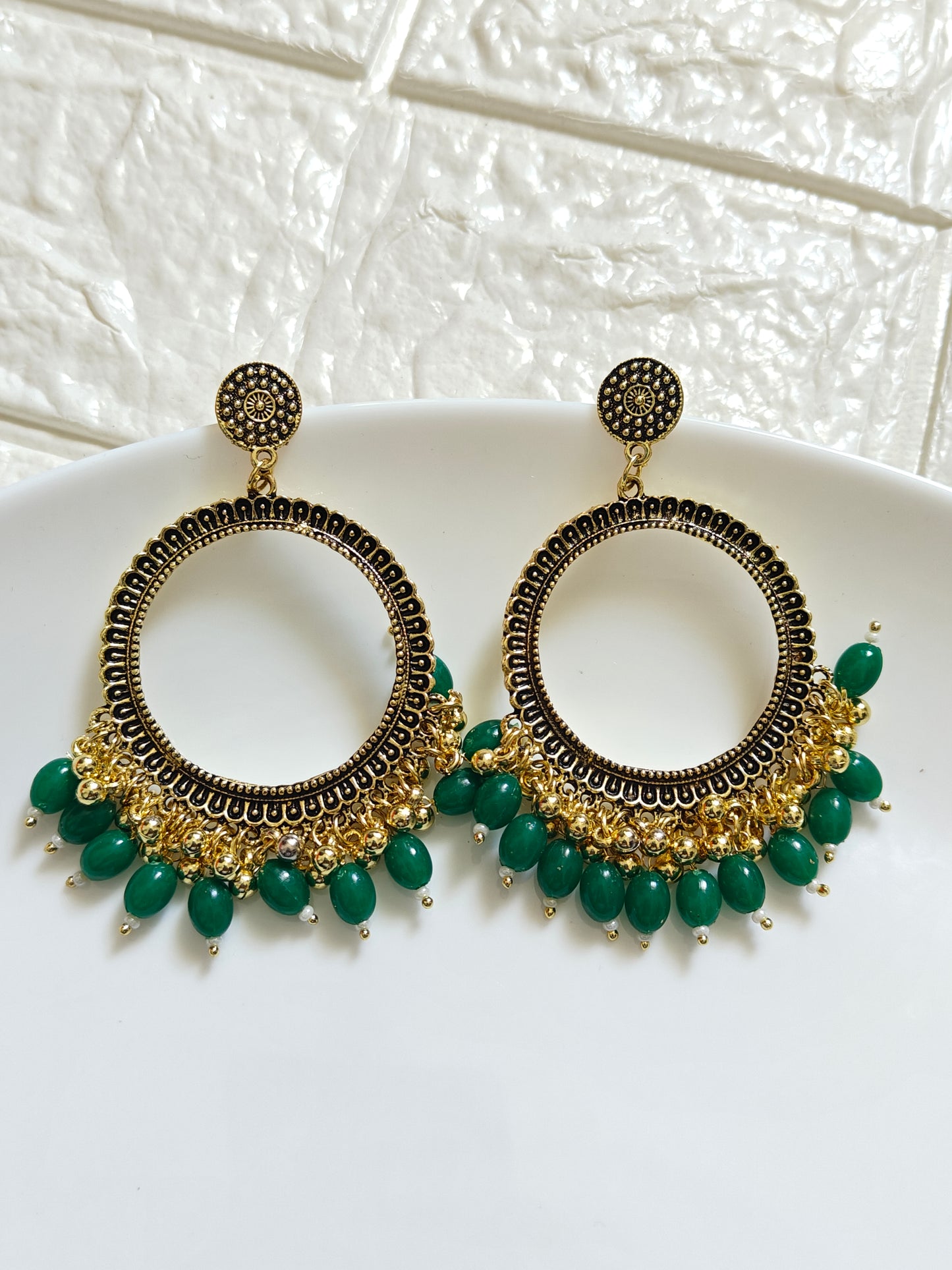 SH Gold Round Green Beaded Jhumka Base - 1 Pair