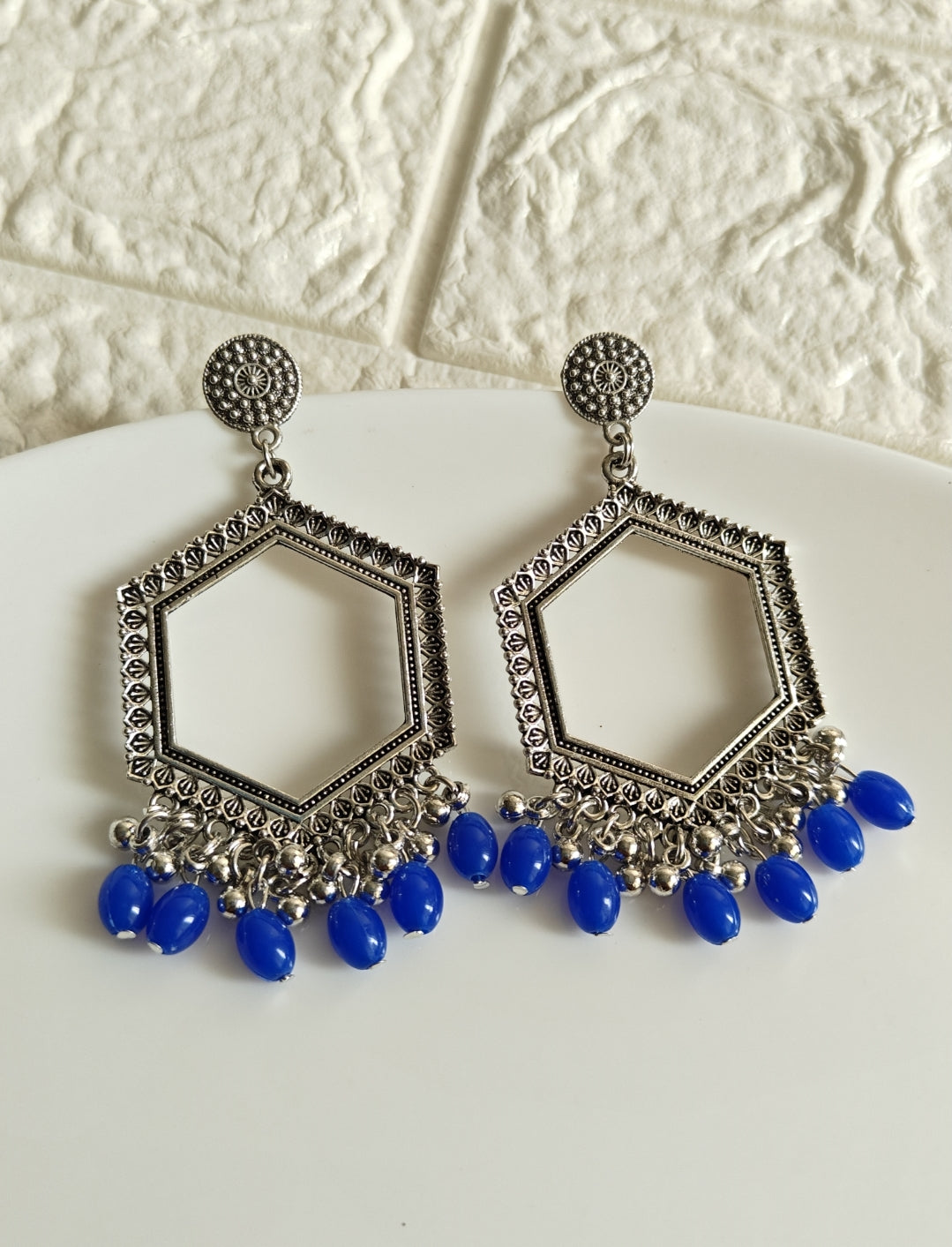 Hexagon Blue Beaded Jhumka Base - 1 Pair