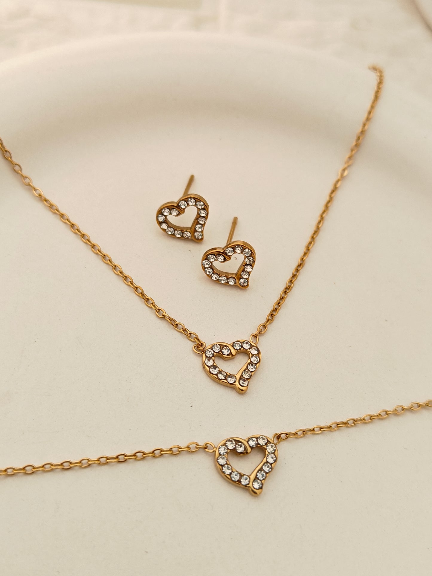Heart Charm Combo Set - Stud, Chain, Bracelet