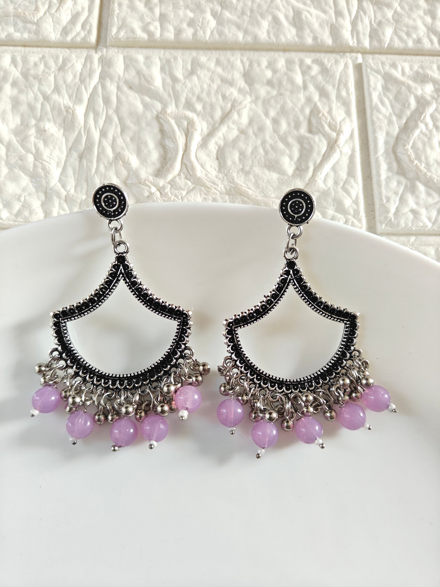 Silver Petal Lavendar Beaded Jhumka Base - 1 Pair