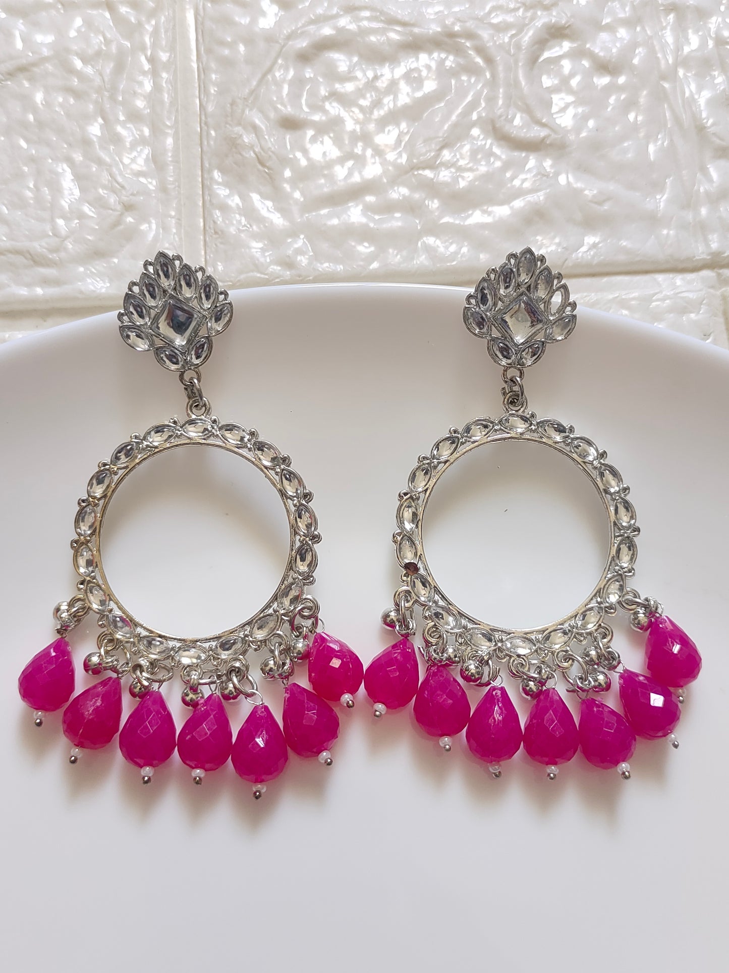 Mirror Round Fuchsia Beaded Jhumka Base - 1 Pair