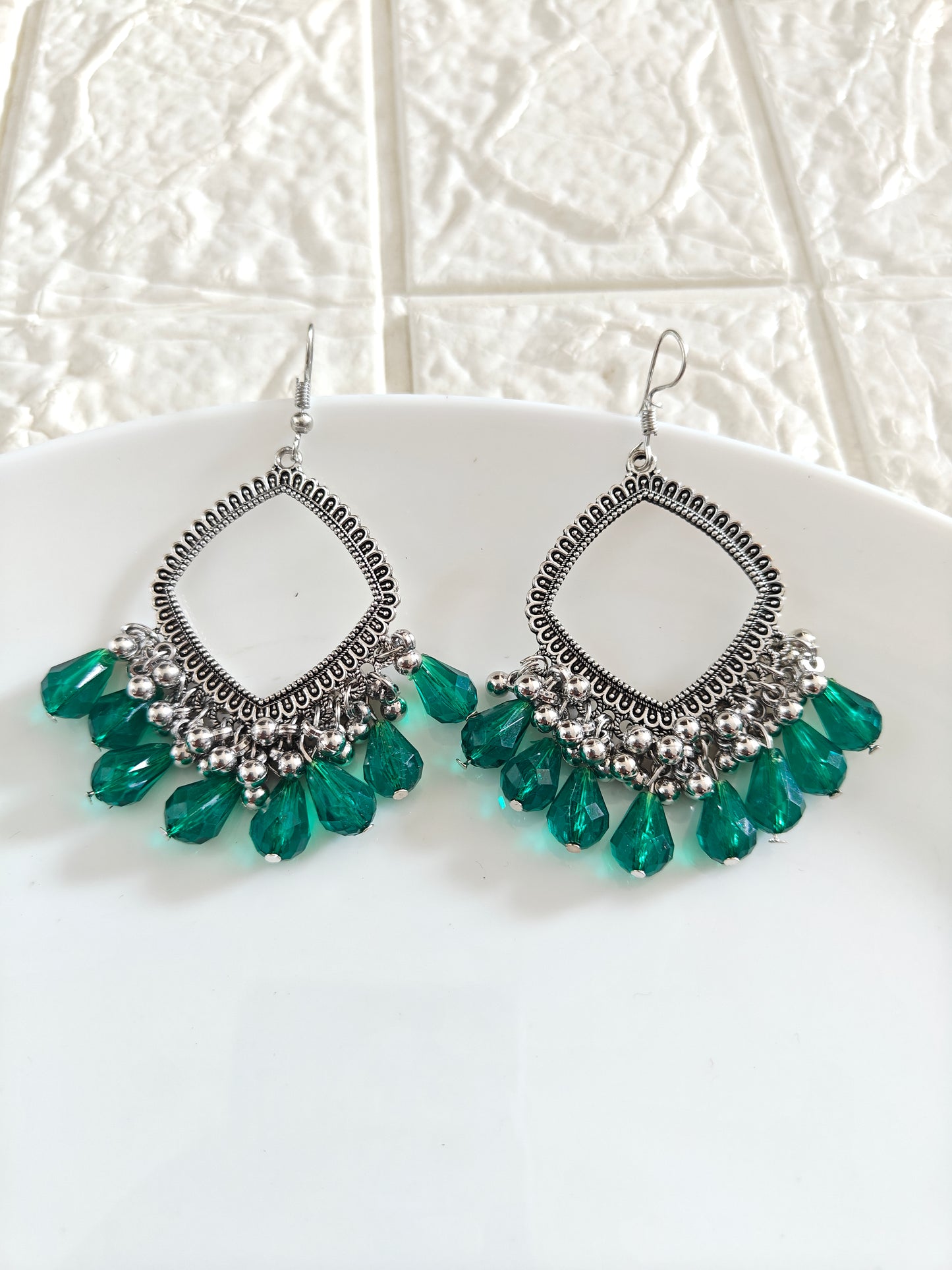 Silver Square Green Drop Beaded Hook Jhumka Base - 1 Pair